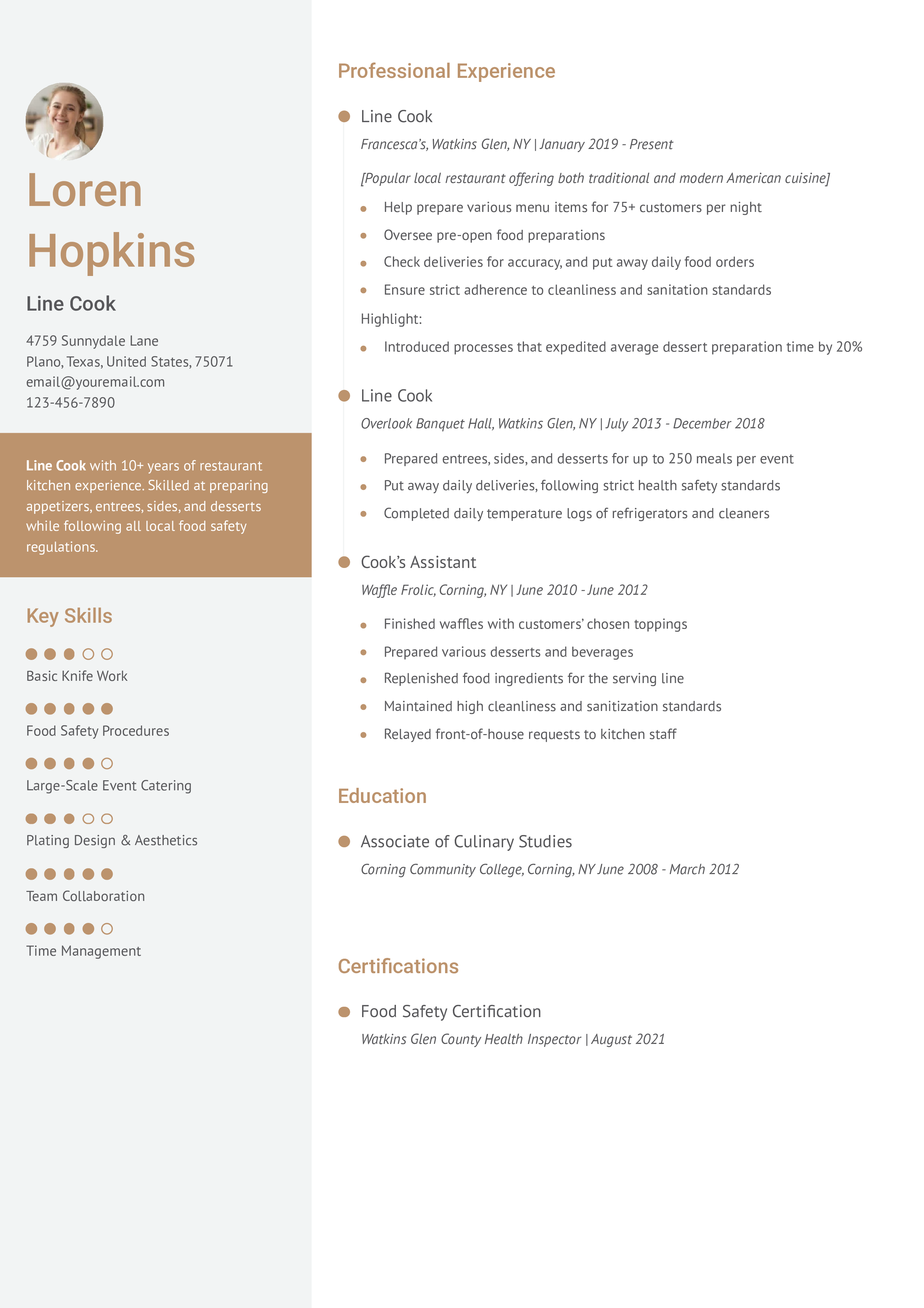 Local Restaurant Line Cook Resume Example
