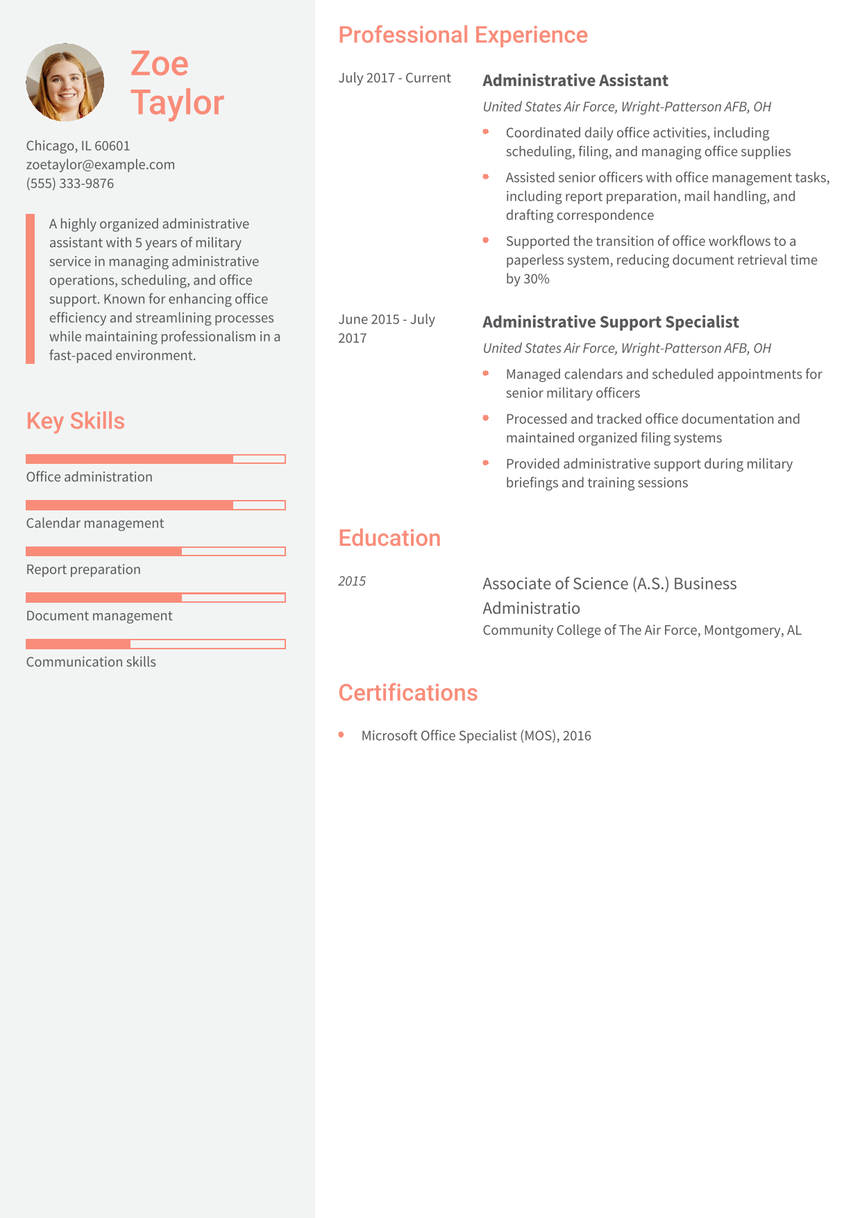 Military-to-Civilian Administrative Assistant Resume Example