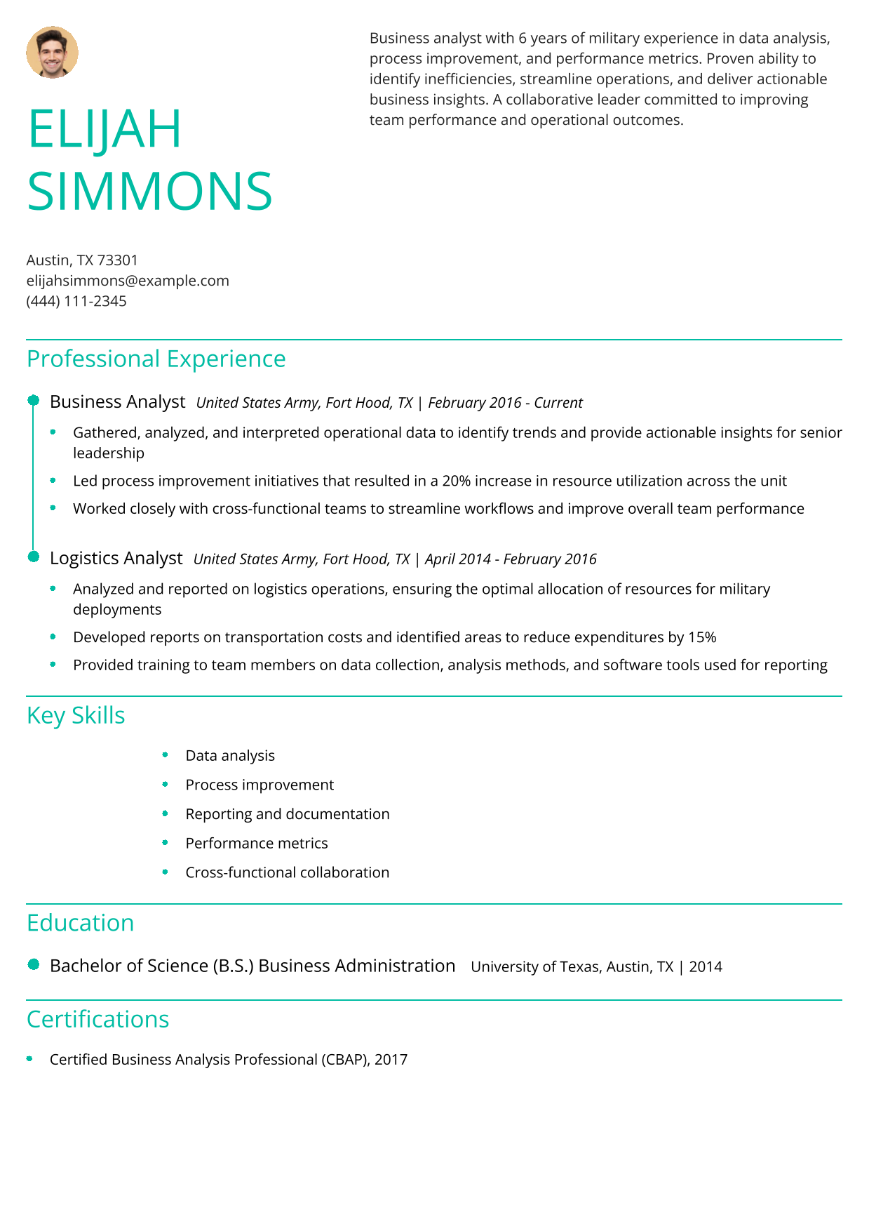 Military-to-Civilian Business Analyst Resume Example