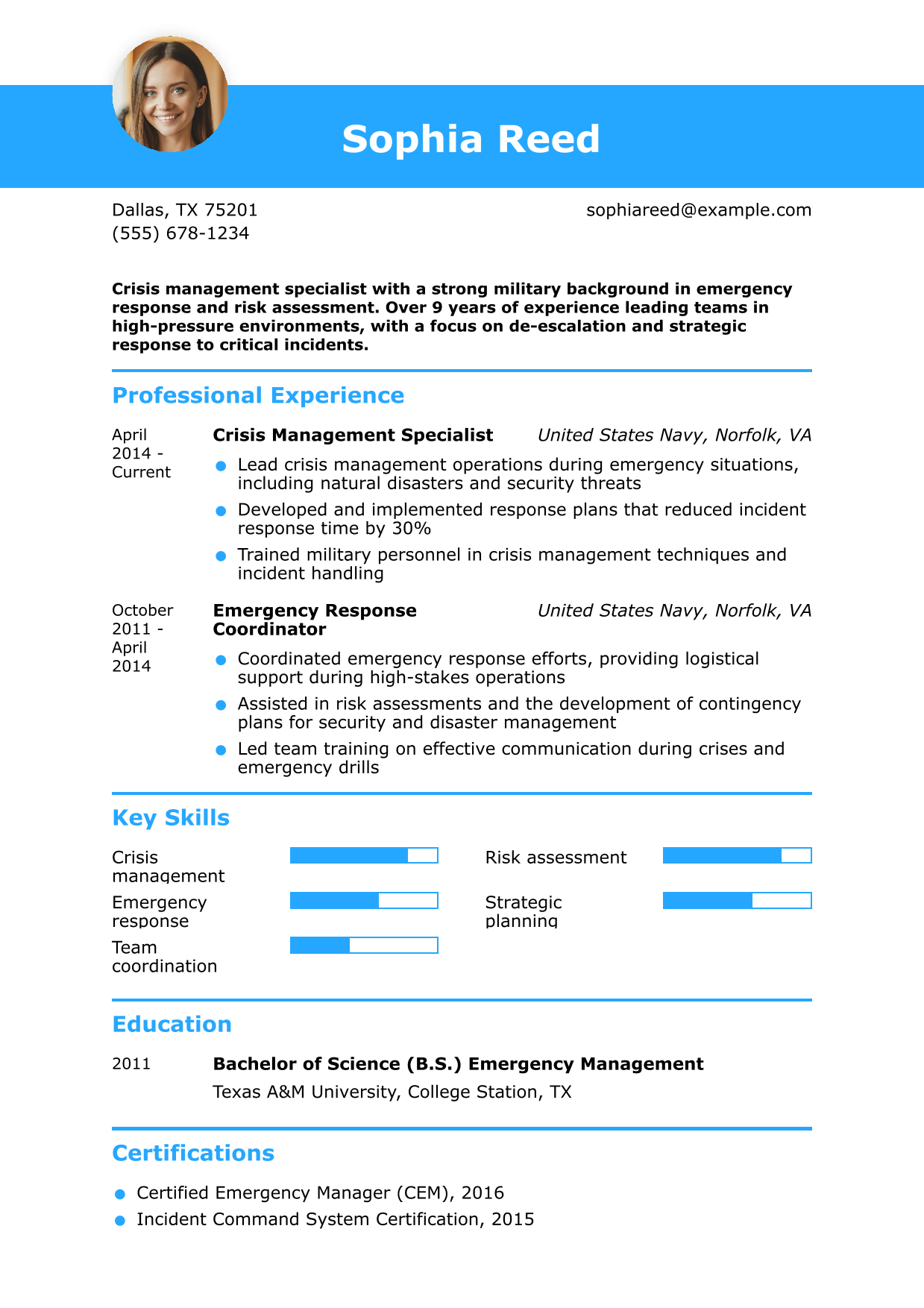 Military-to-Civilian Crisis Management Resume Example