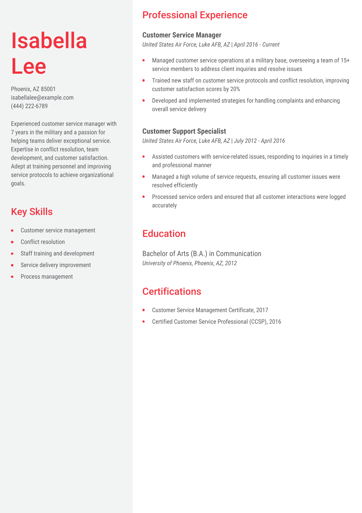 Military-to-Civilian Customer Service Manager Resume Example