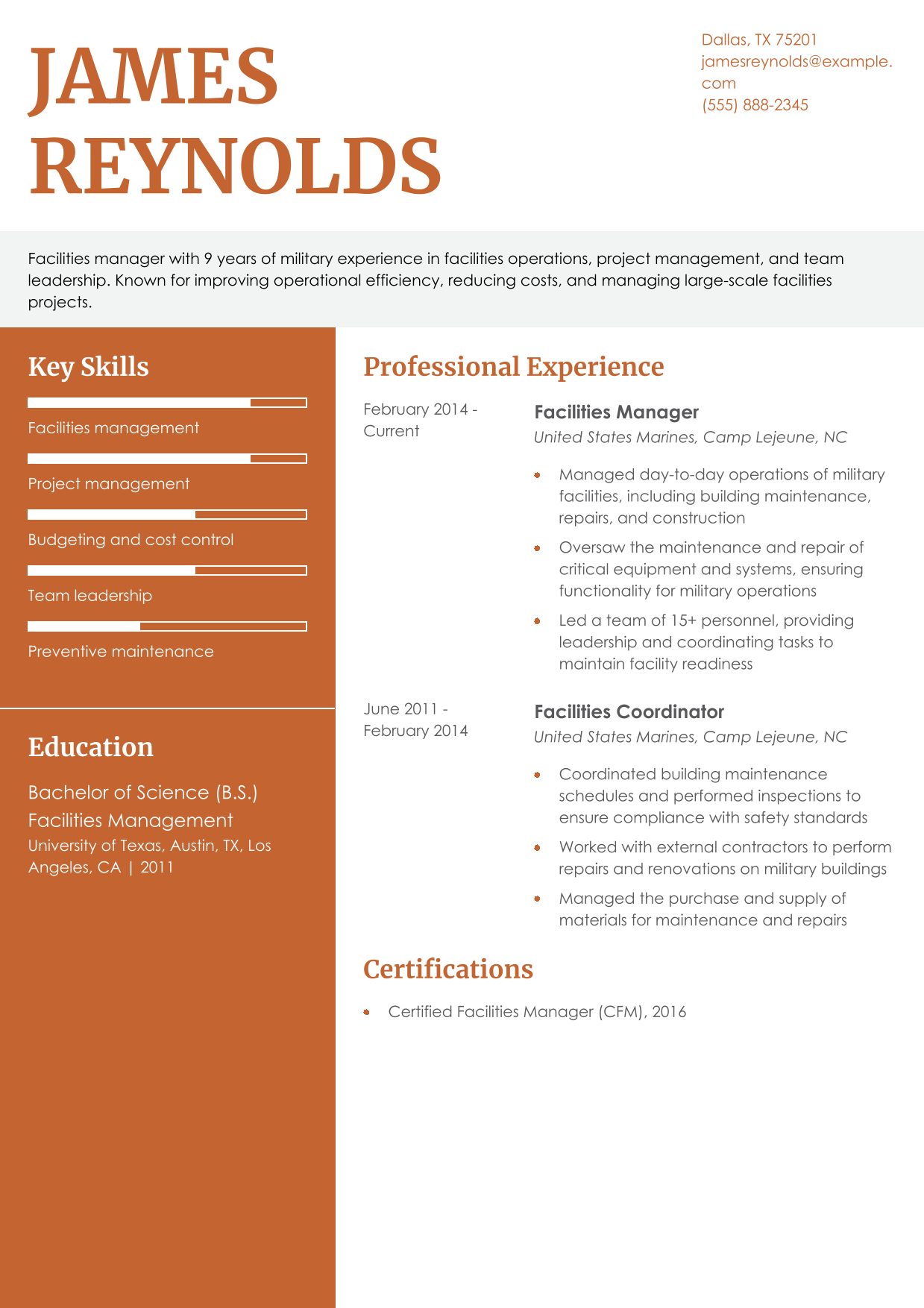 Military-to-Civilian Facilities Manager Resume Example