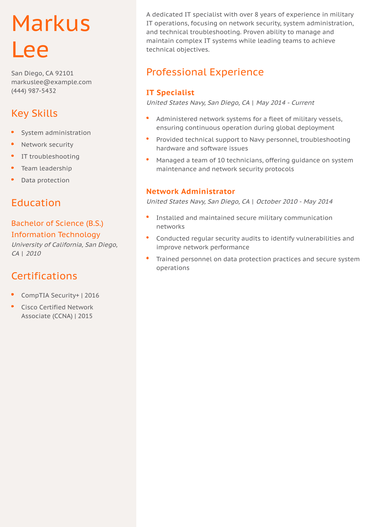 Military-to-Civilian IT Specialist Resume Example