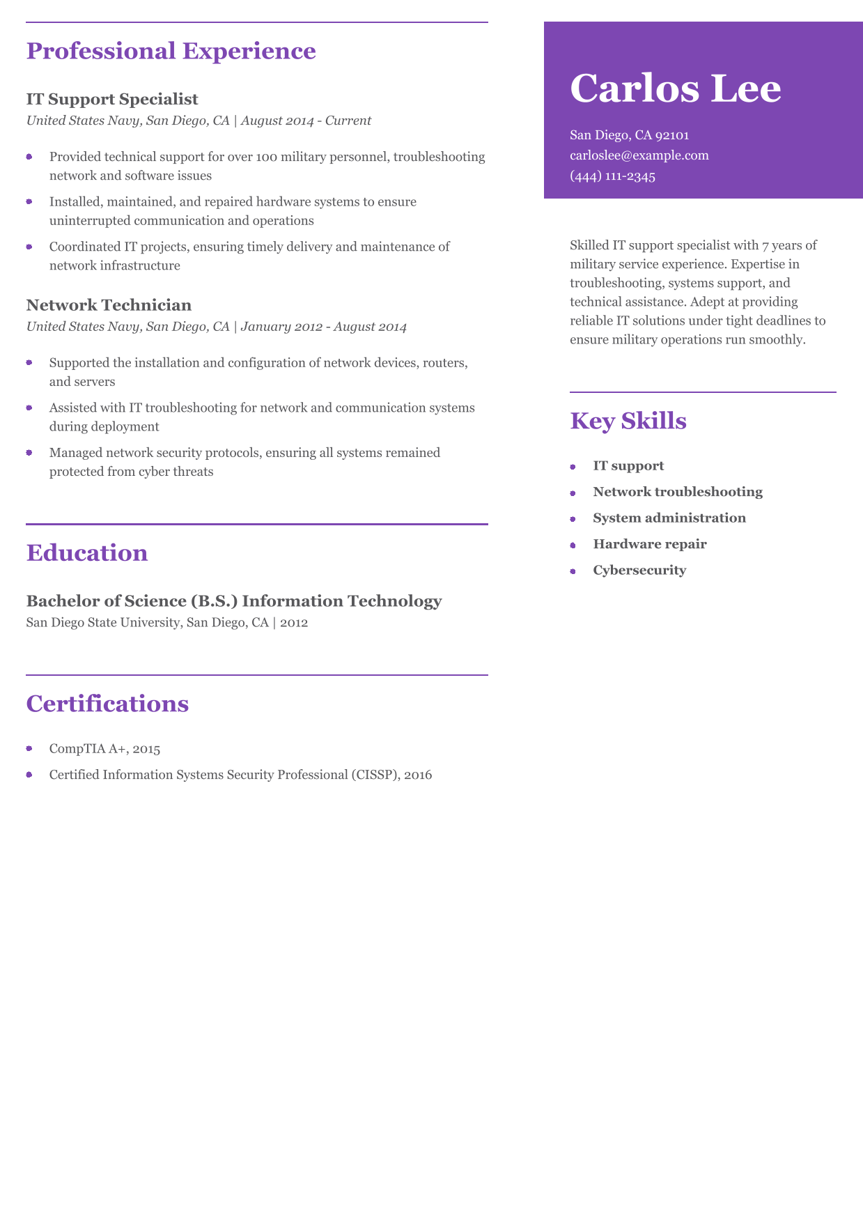 Military-to-Civilian IT Support Resume Example