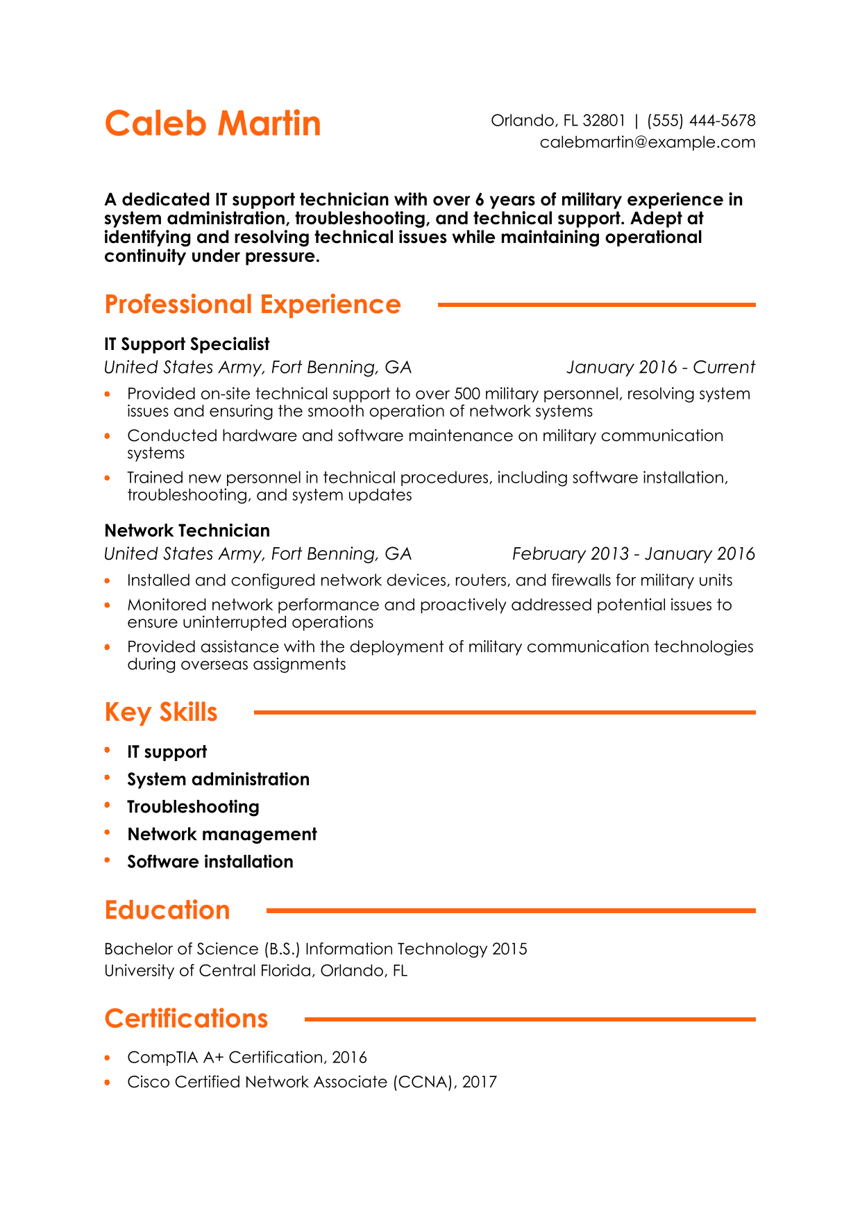 Military-to-Civilian IT Support Technician Resume Example