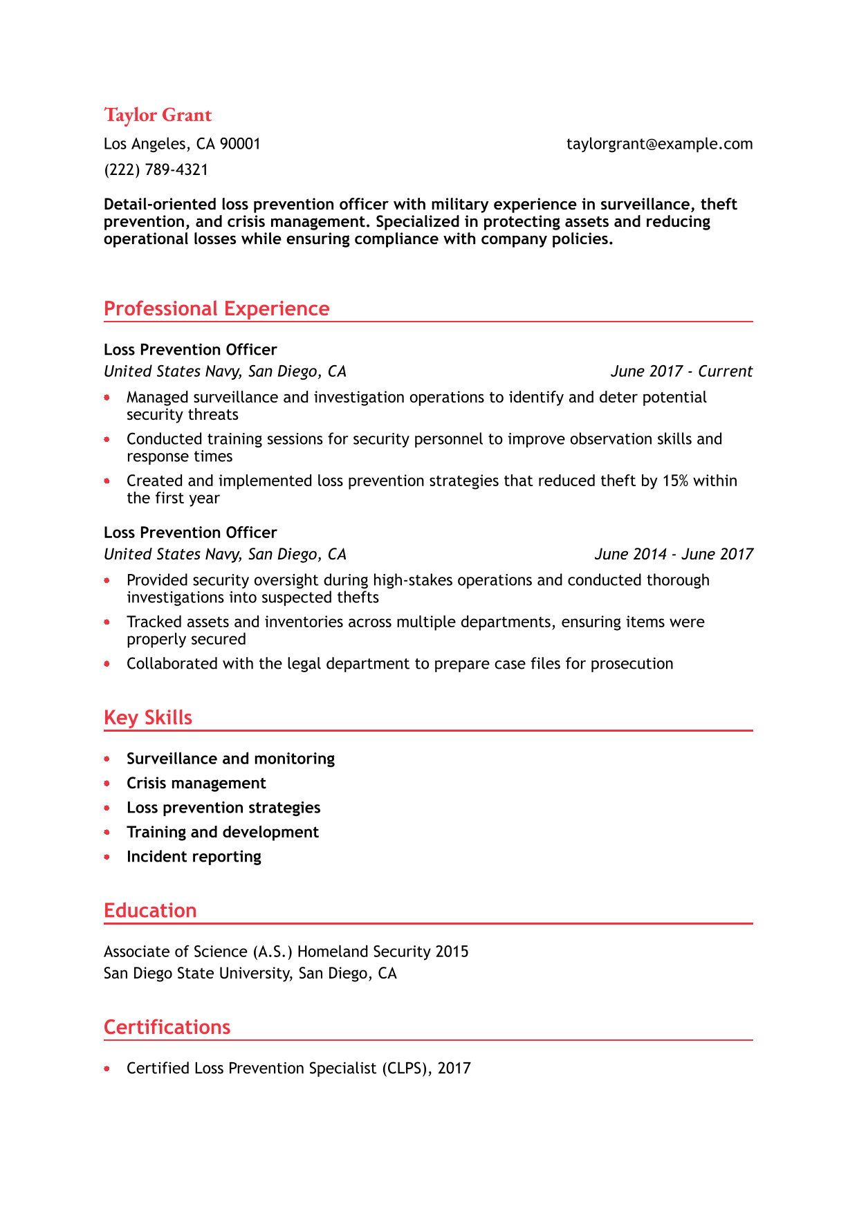 Military-to-Civilian Loss Prevention Officer Resume Example