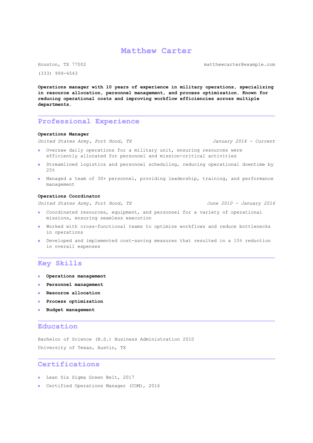 Military-to-Civilian Operations Manager Resume Example
