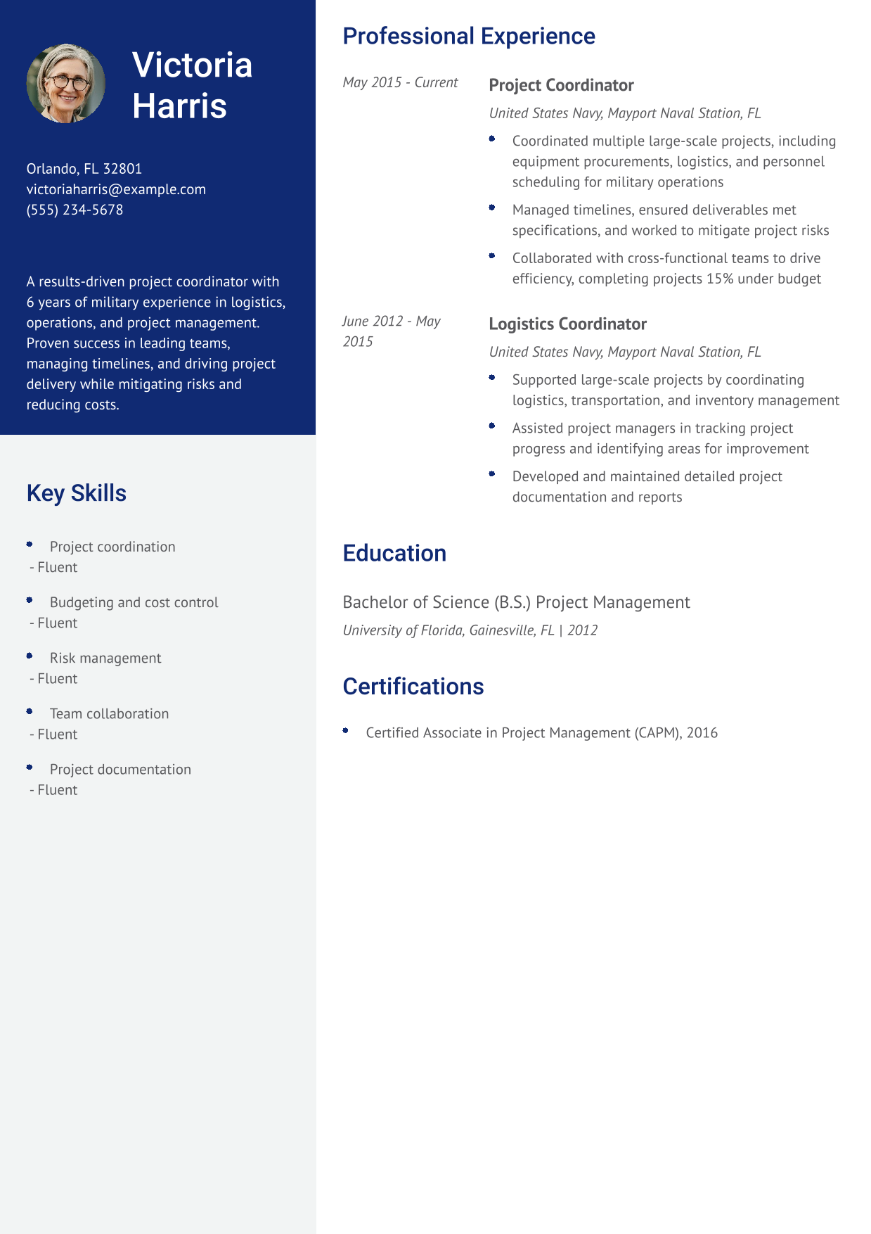 Military-to-Civilian Project Coordinator Resume Example