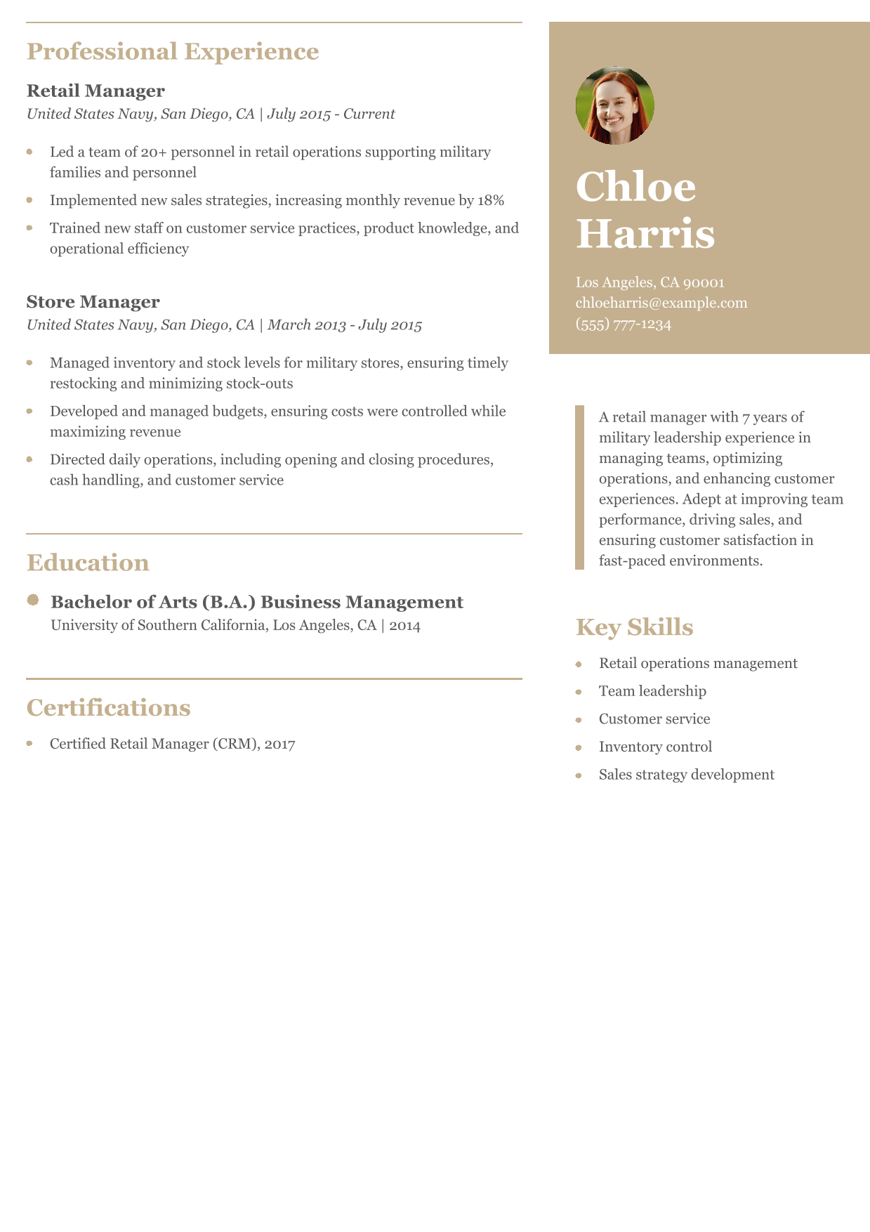 Military-to-Civilian Retail Manager Resume Example