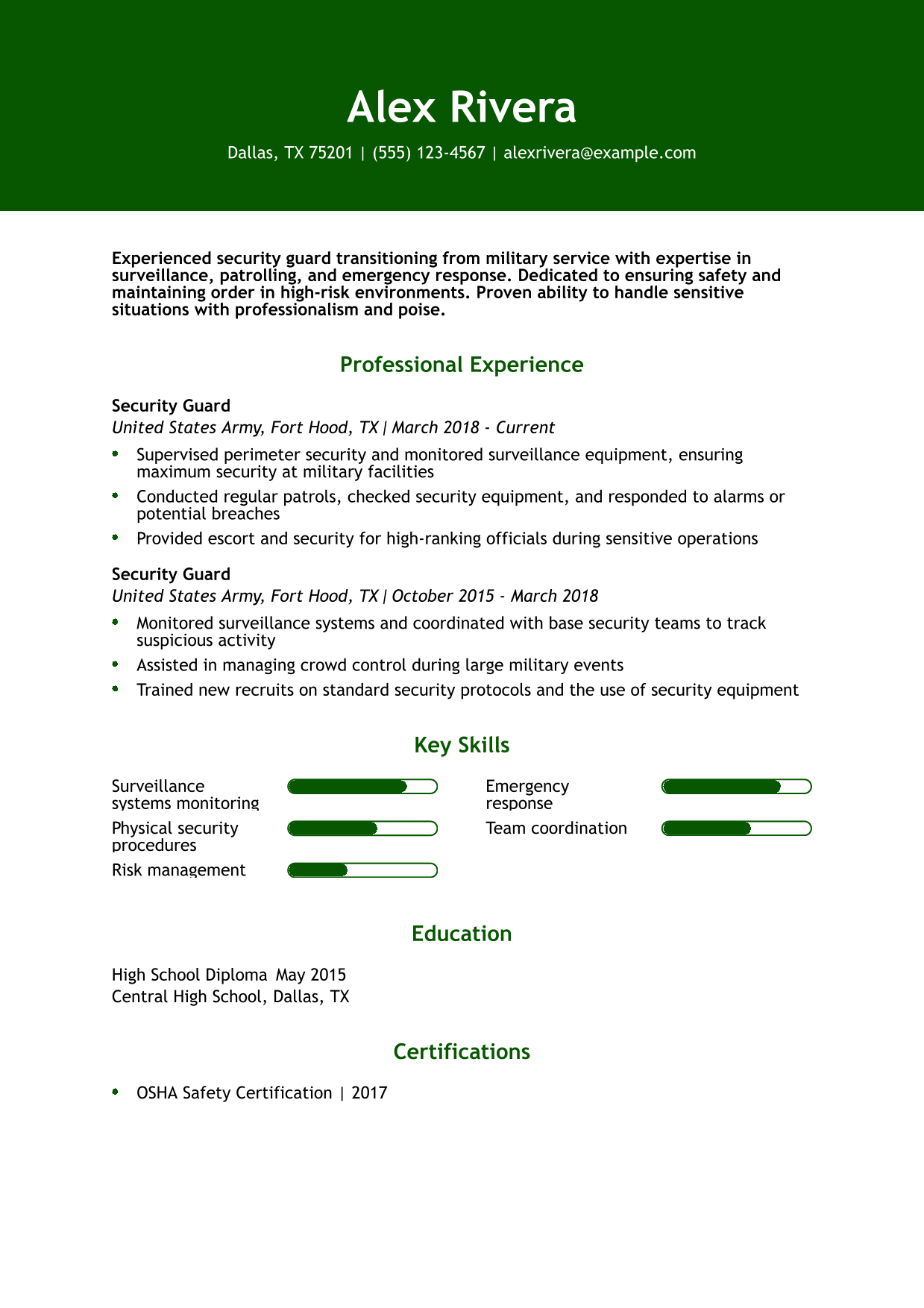 Military-to-Civilian Security Guard Resume Examples