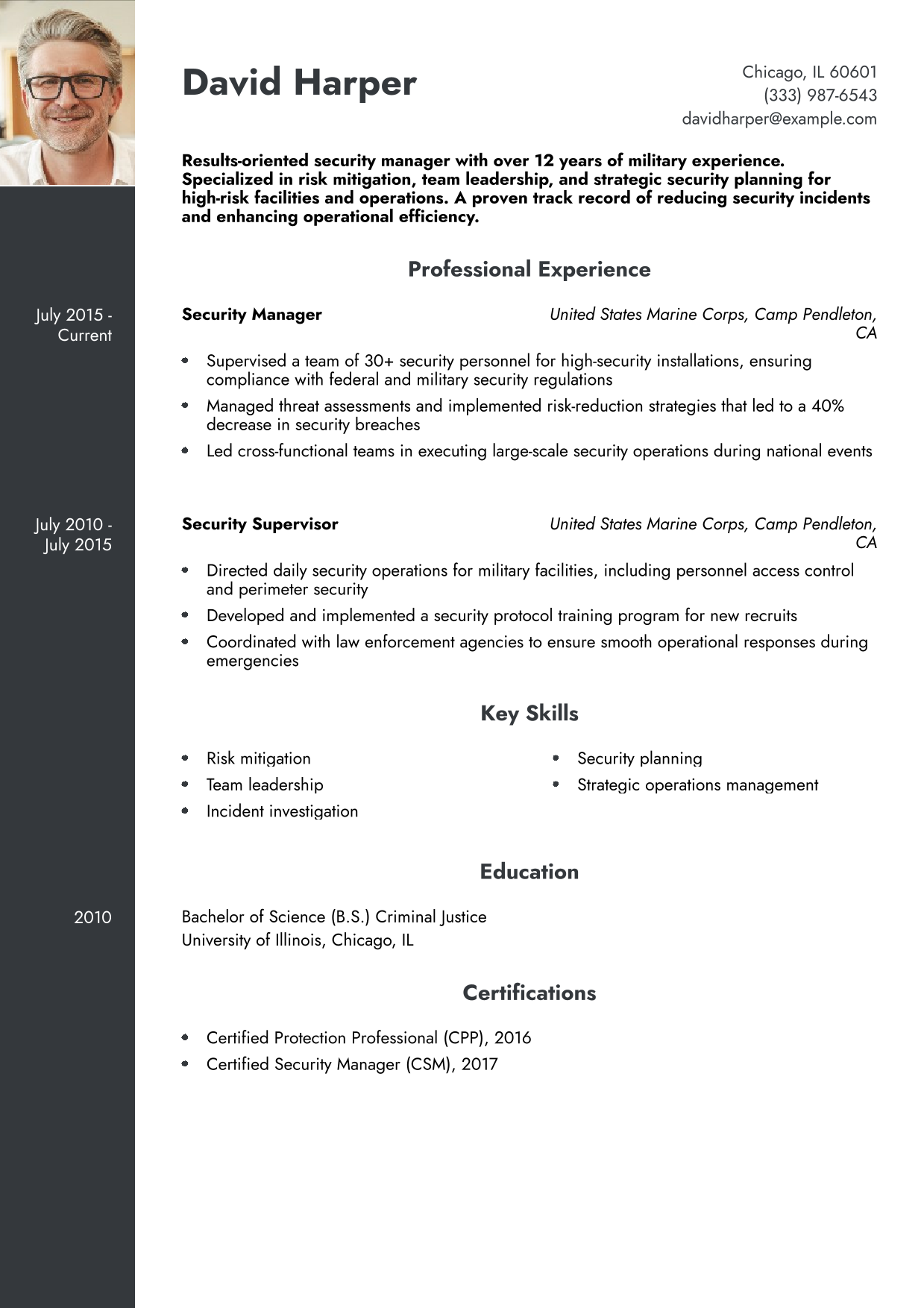 Military-to-Civilian Security Management Resume Example