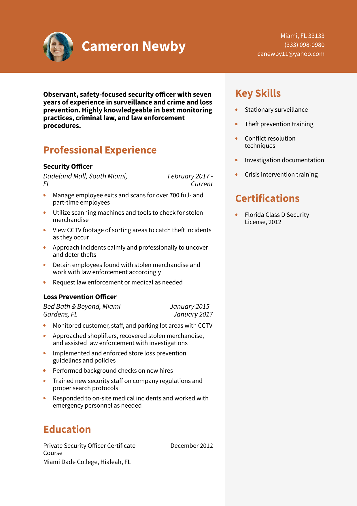 Military-to-Civilian Security Officer Resume Example
