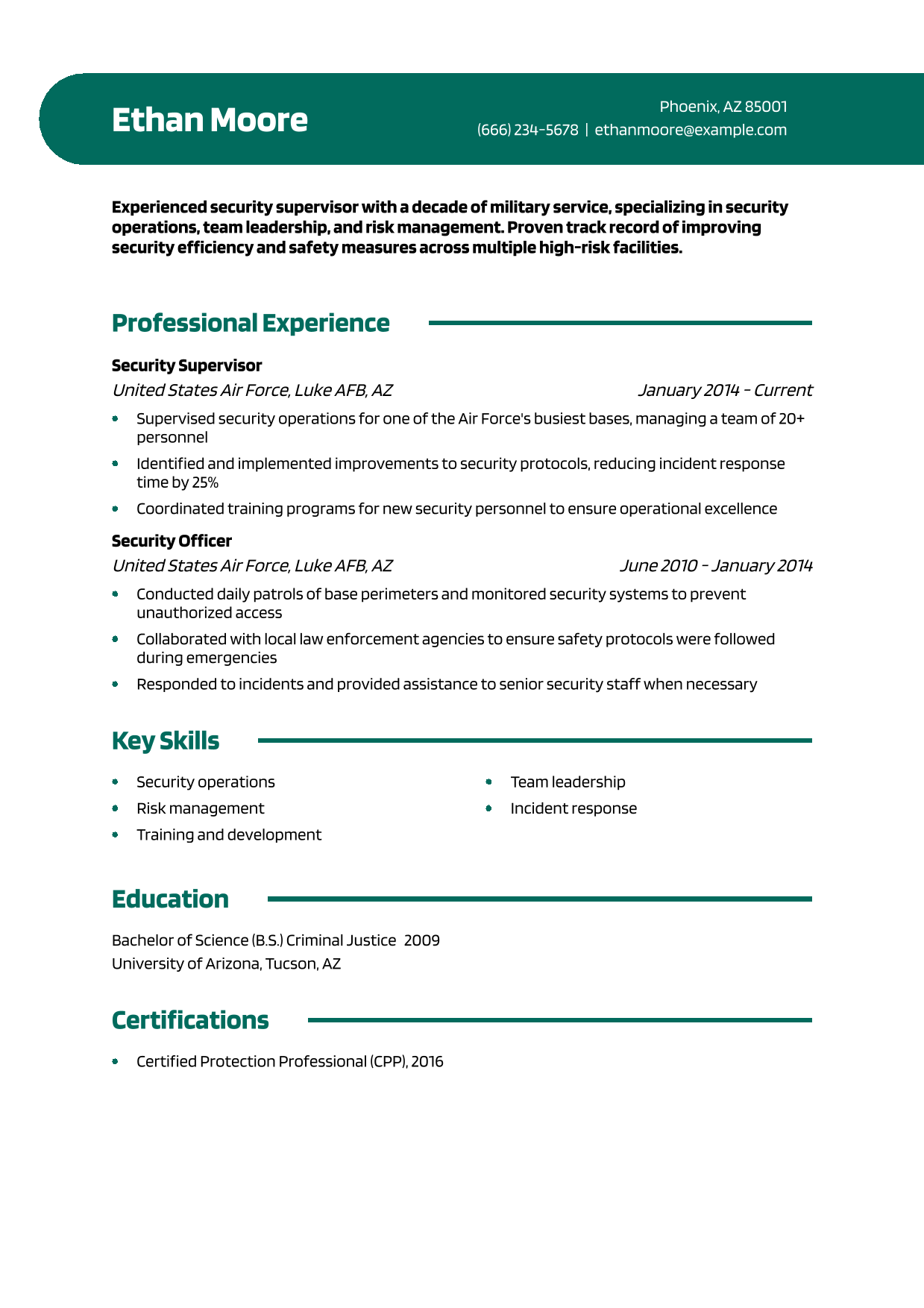 Military-to-Civilian Security Supervisor Resume Example