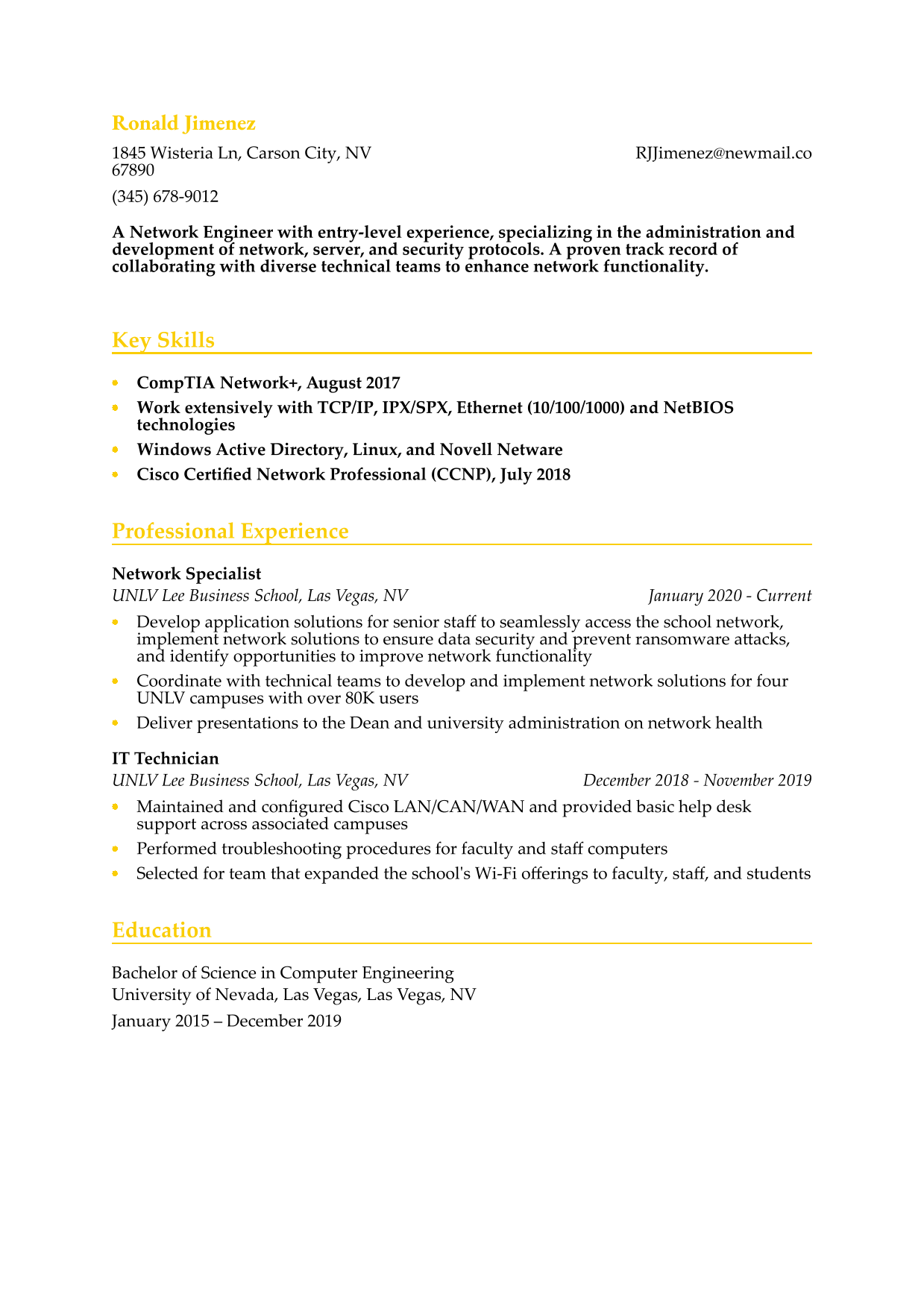 Network Engineer Resume Example