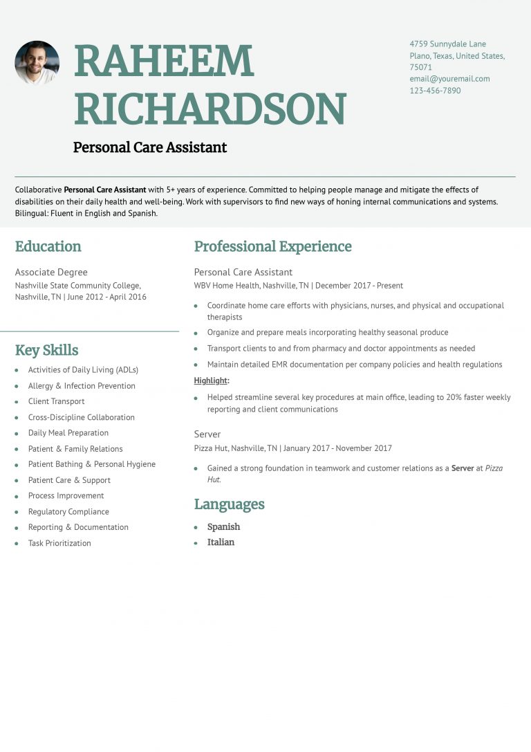 Personal Care Assistant Resume Examples and Templates for 2025 