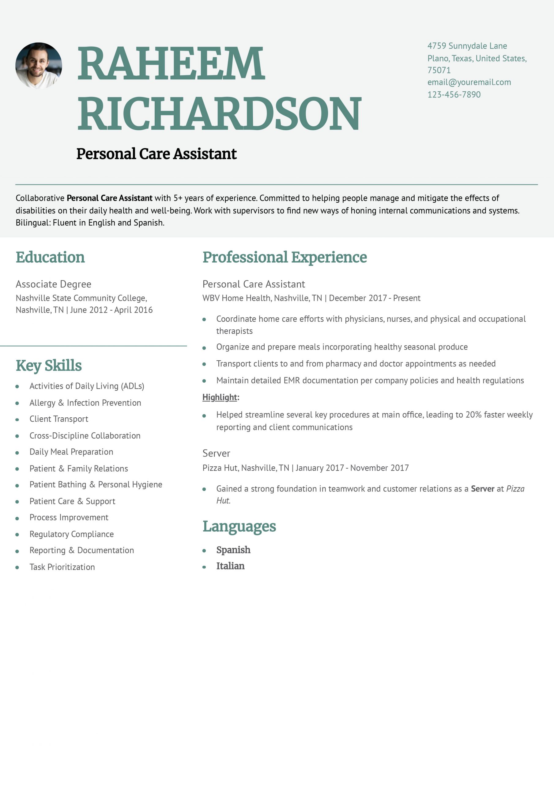 Personal Care Assistant Resume Examples and Templates for 2025