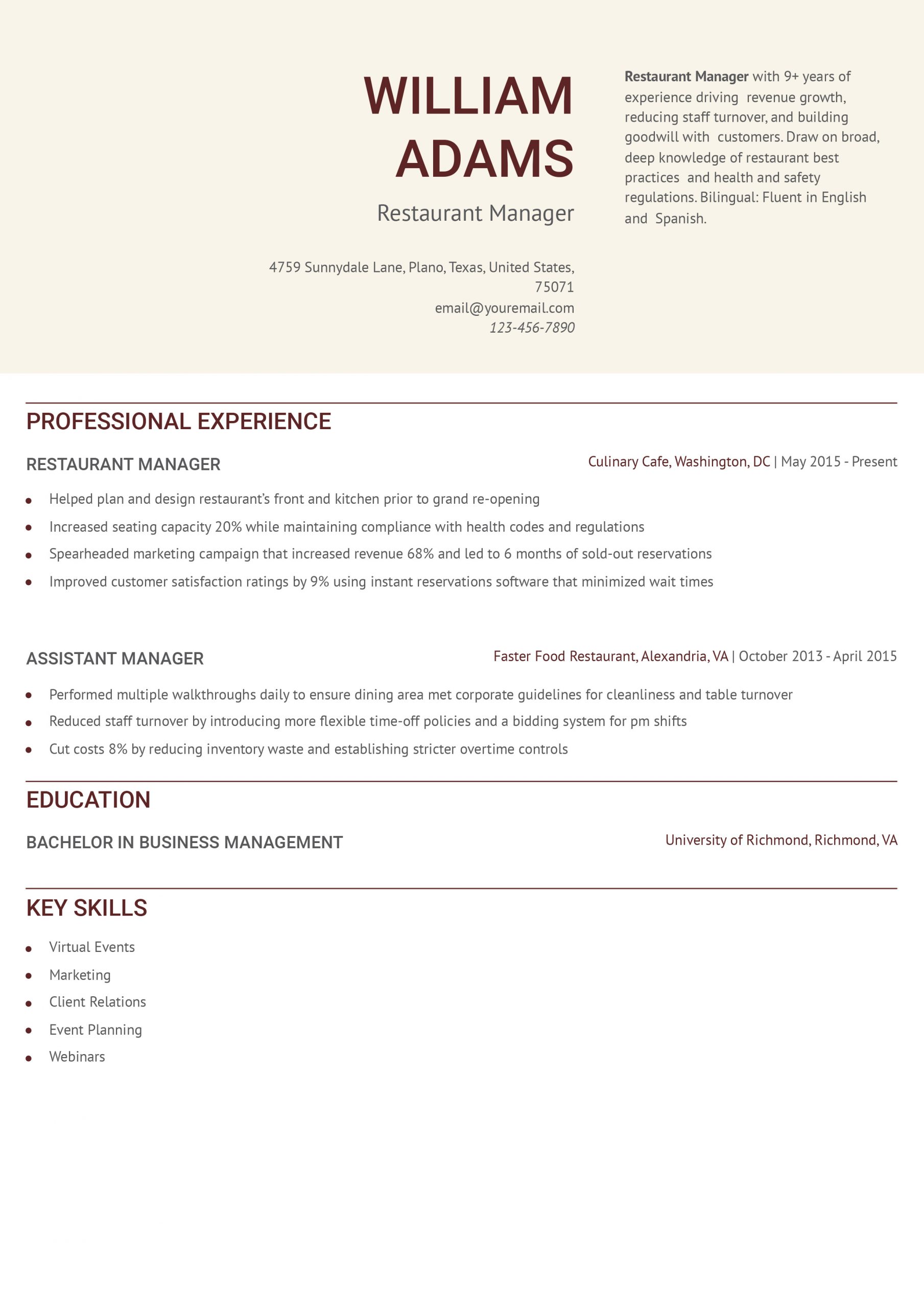 Restaurant Manager Resume Examples and Templates for 2025