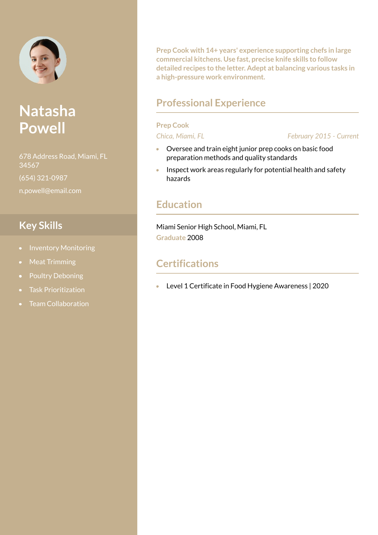 Senior Prep Cook Resume Example