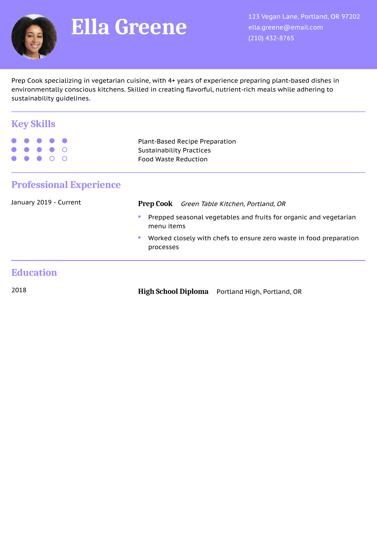 Vegetarian Cuisine Prep Cook Resume Example