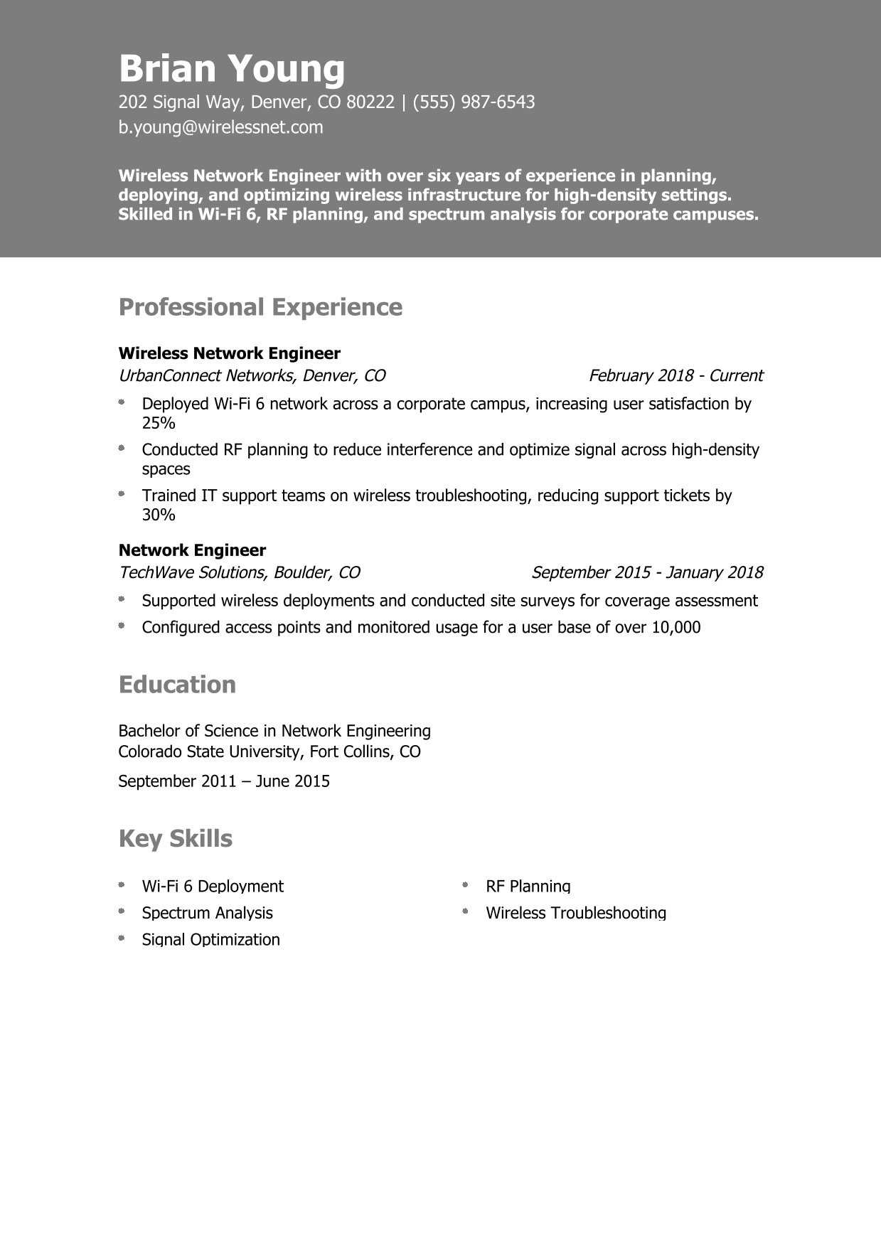 Wireless Network Engineer Resume Example