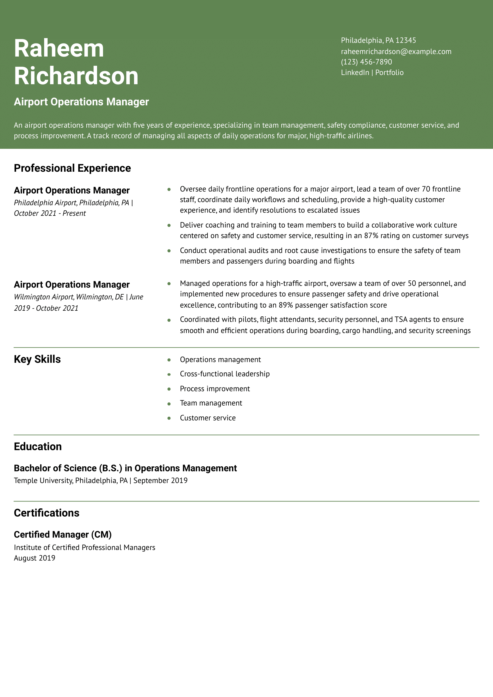 Operations Manager Resume Example