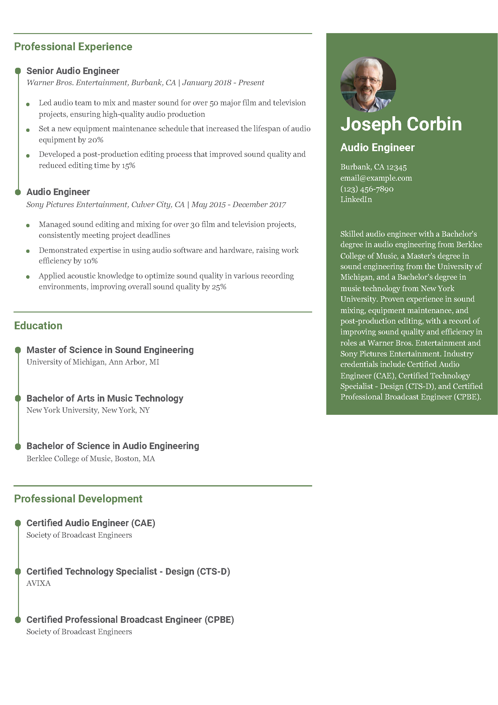 Audio Engineer Resume Example