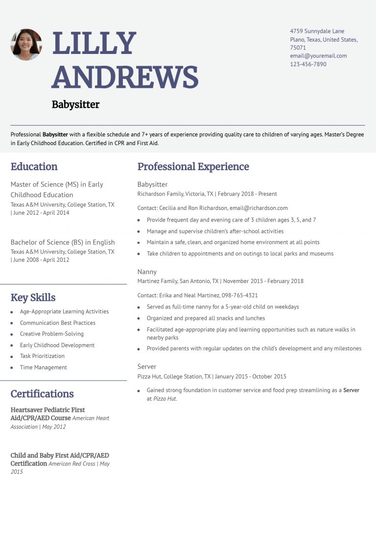 10 Babysitter Resume Examples and - Babysitter Mid Level 768x1087 