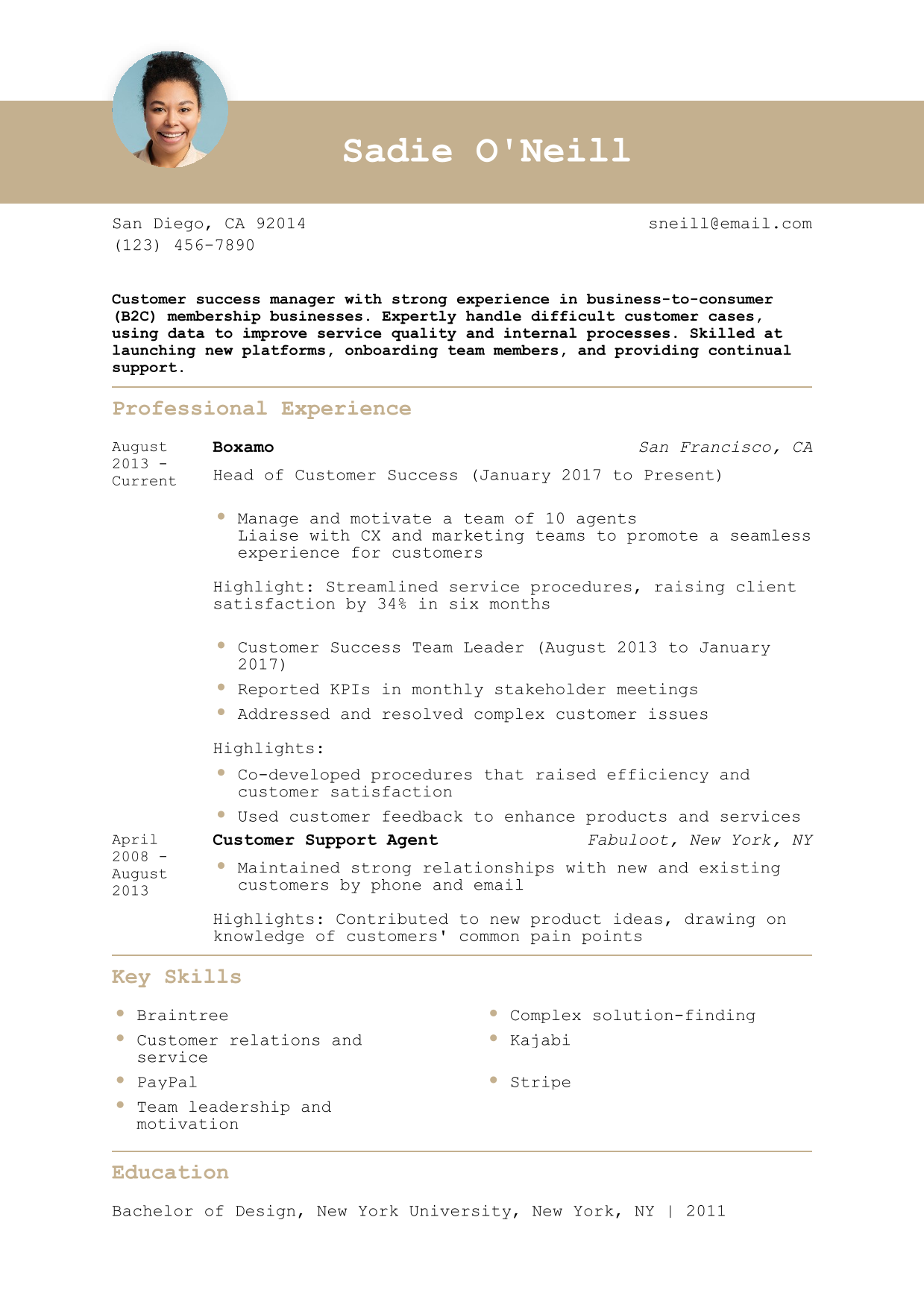 Business-to-Consumer Resume Example