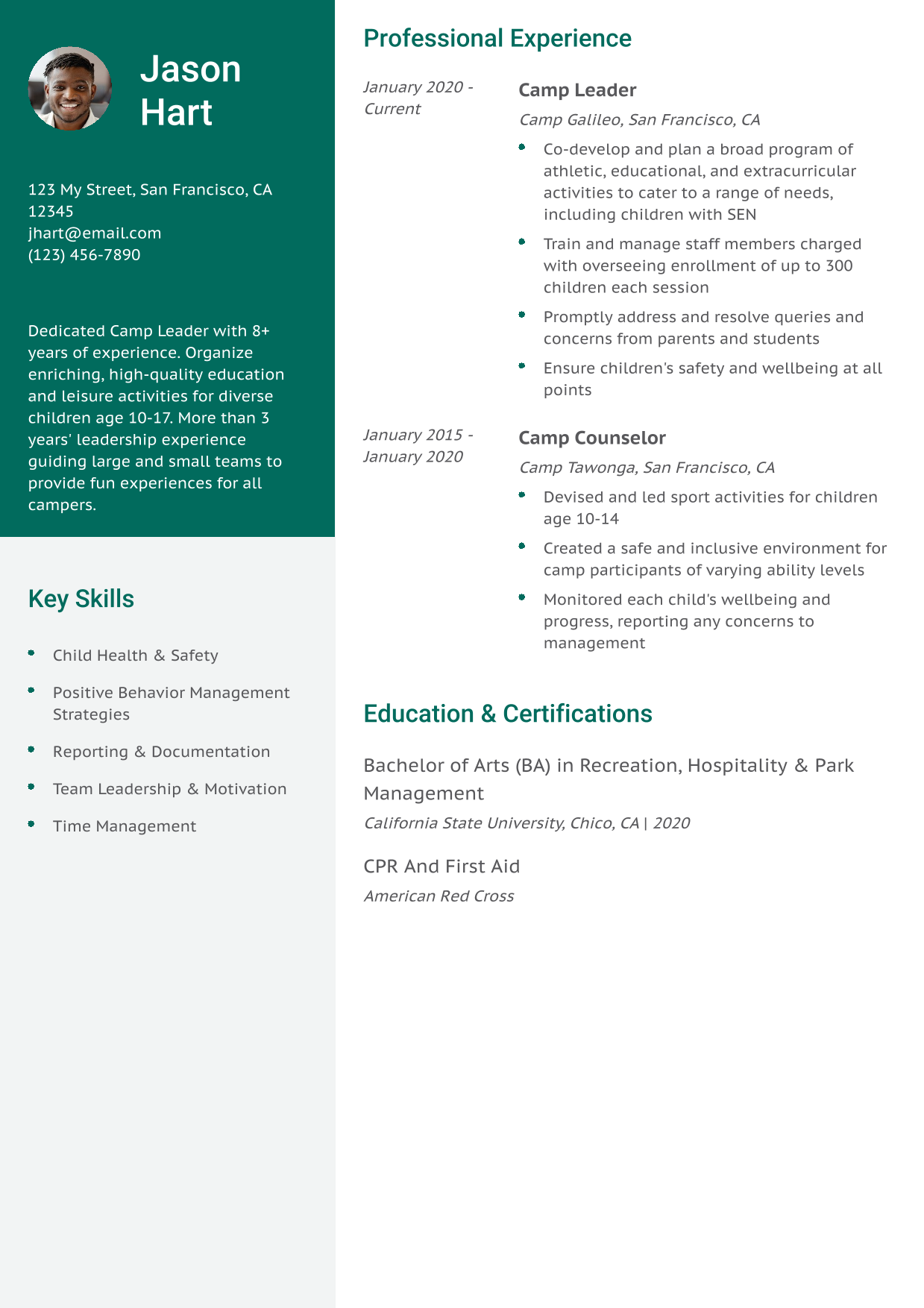 Camp Leader Resume Example