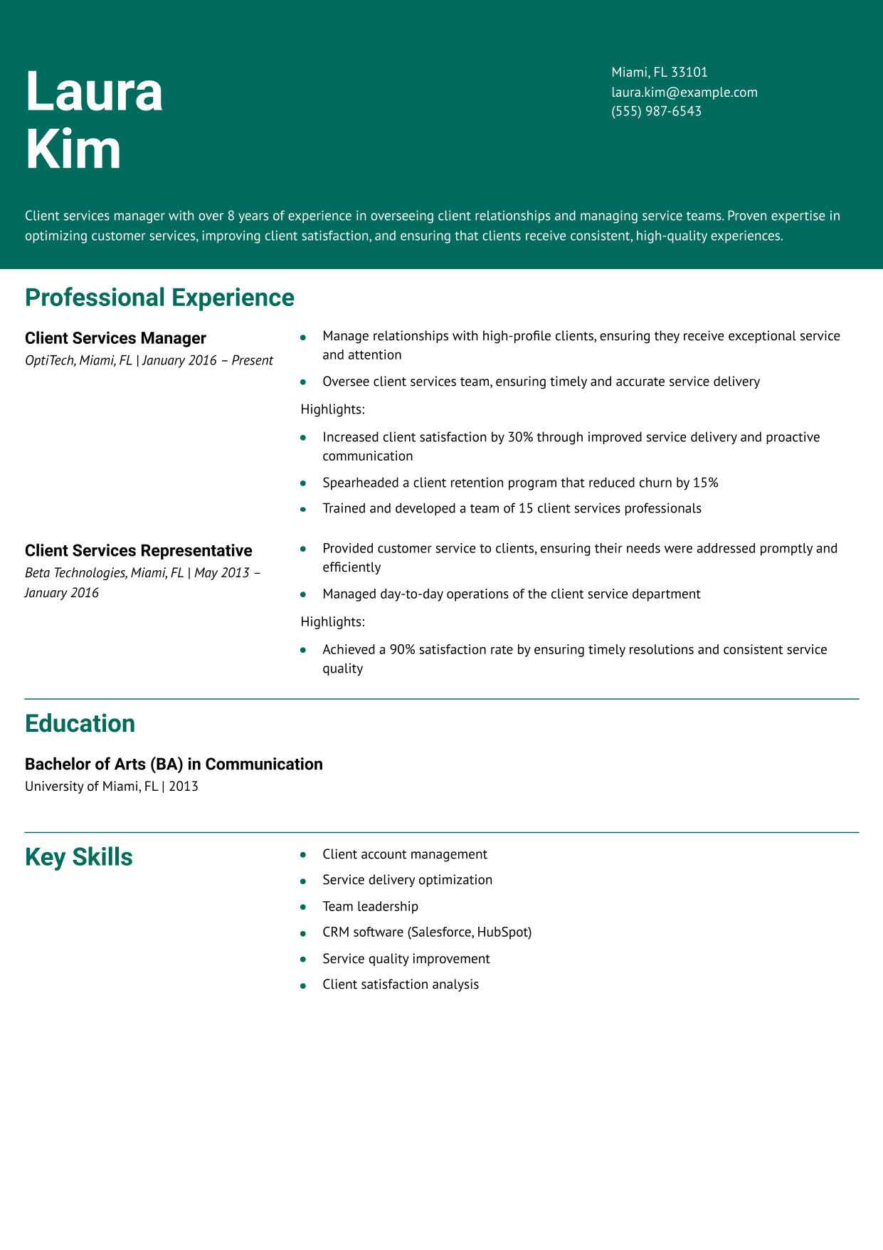 Client Services Manager Resume Example