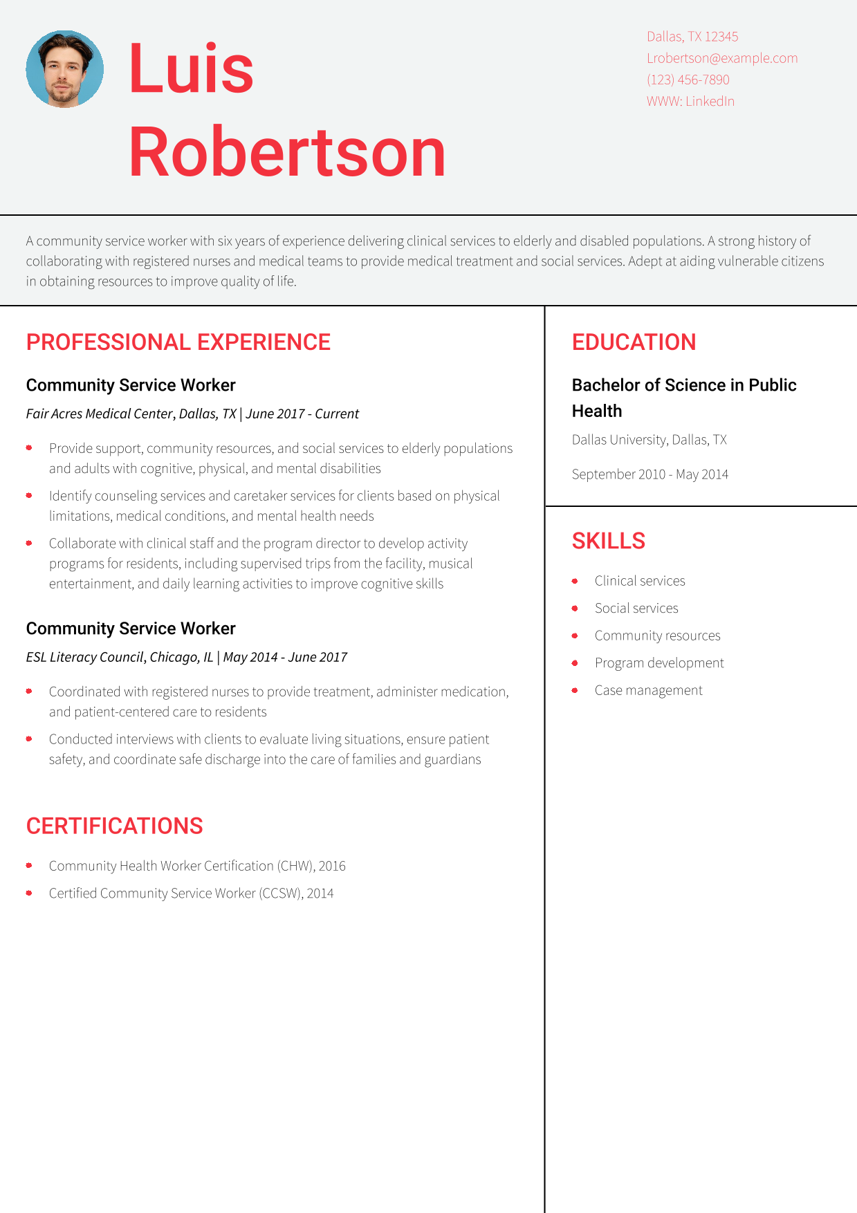 Community Service Worker Resume Example