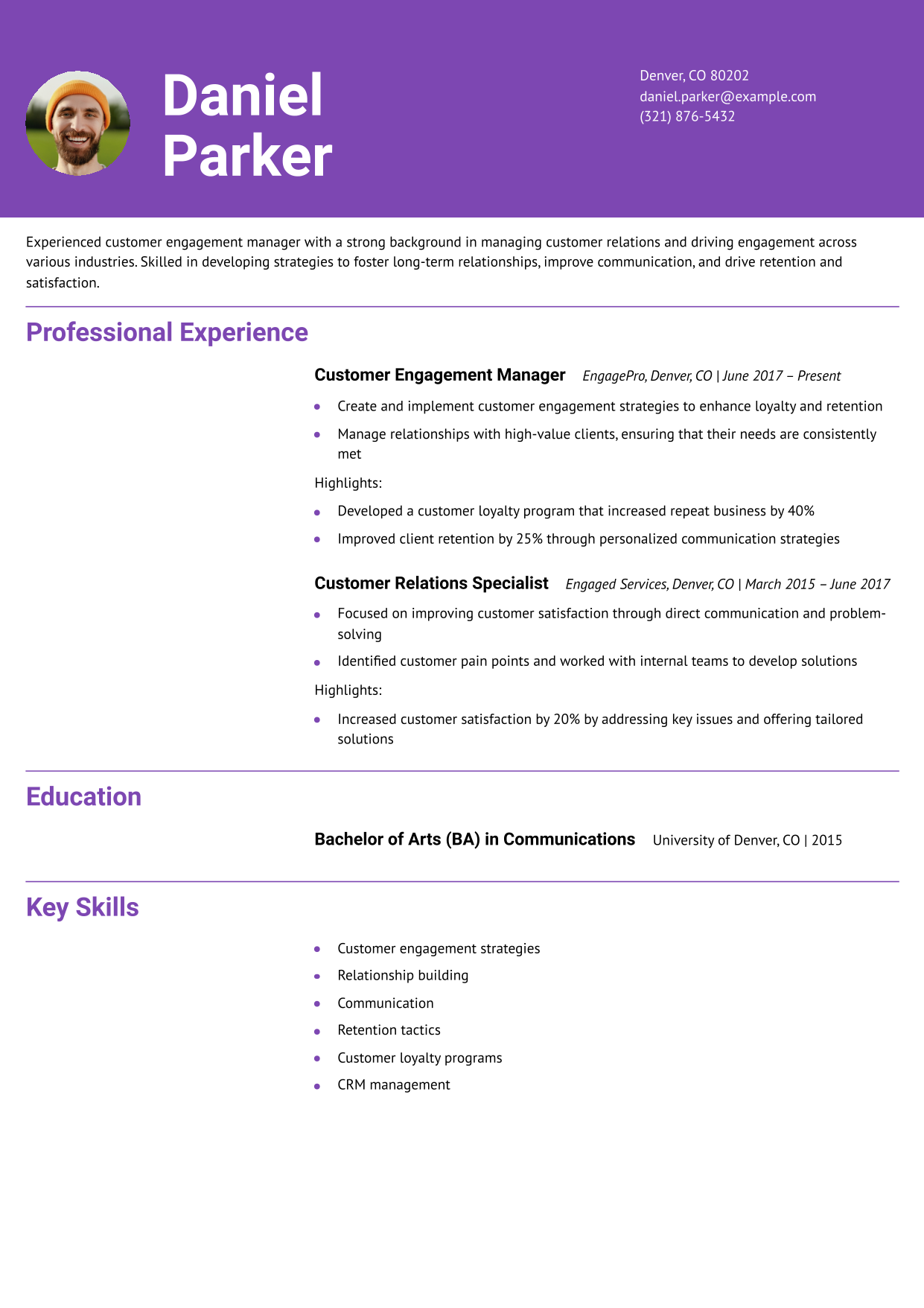 Customer Engagement Manager Resume Example