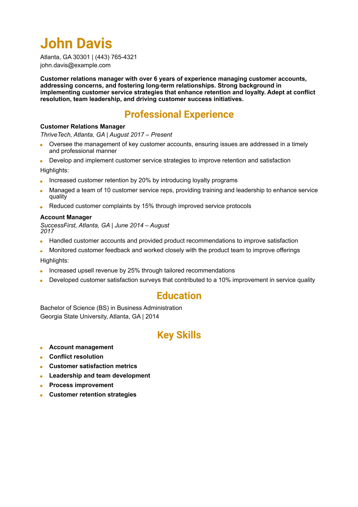 Customer Relations Manager Resume Example