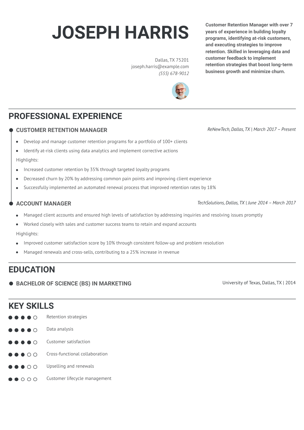 Customer Retention Manager Resume Example