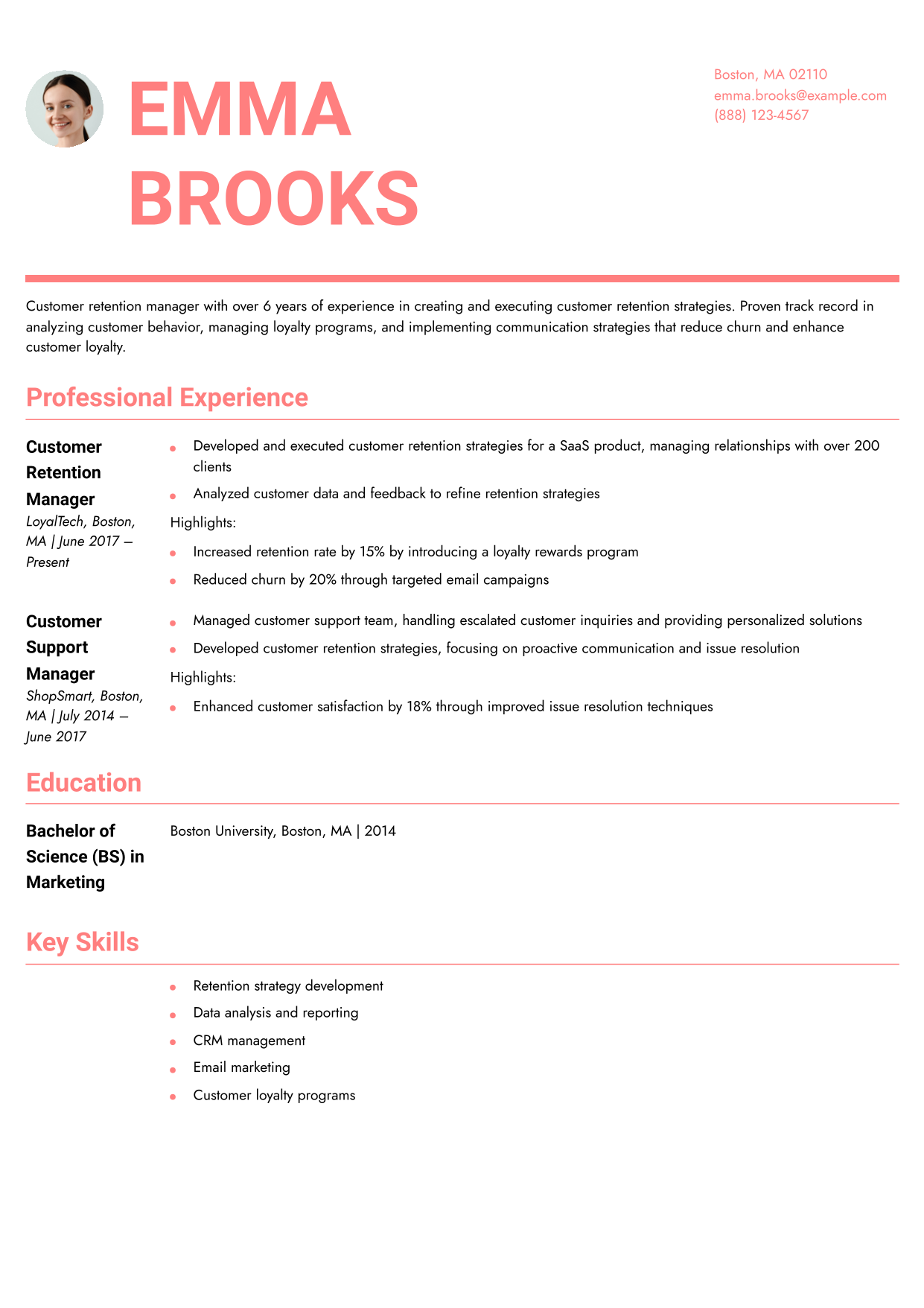 Customer Retention Manager Resume Example