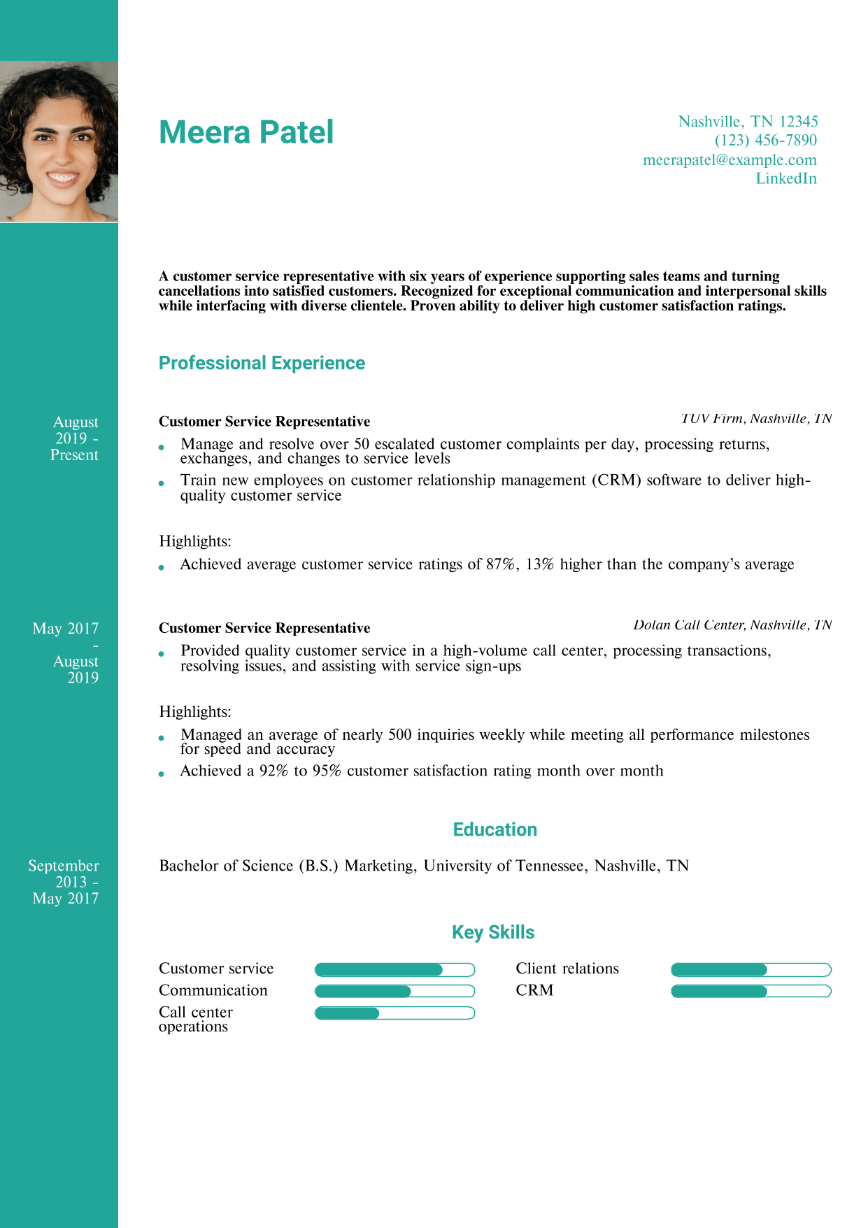 Customer Service Representative Resume Example