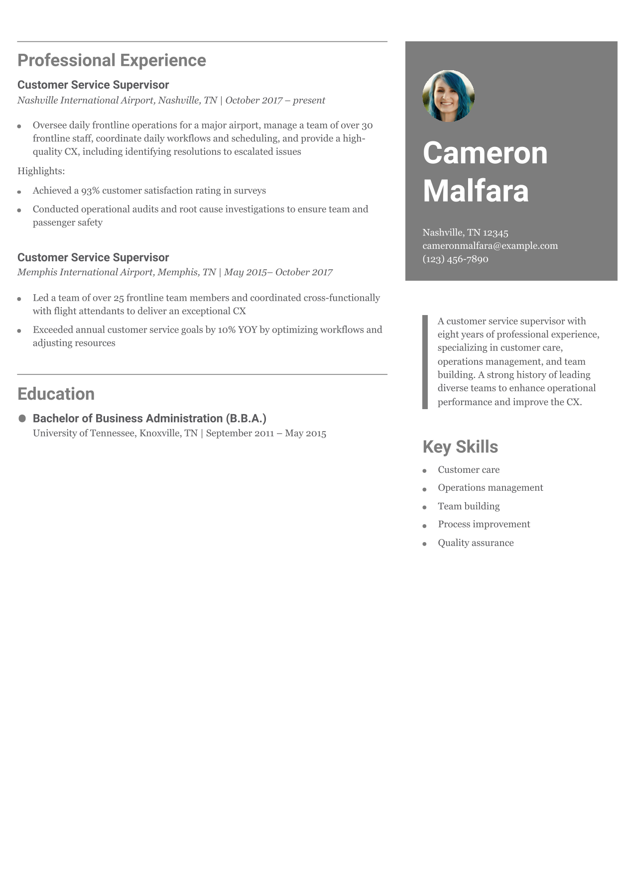 Customer Service Supervisor Resume Example