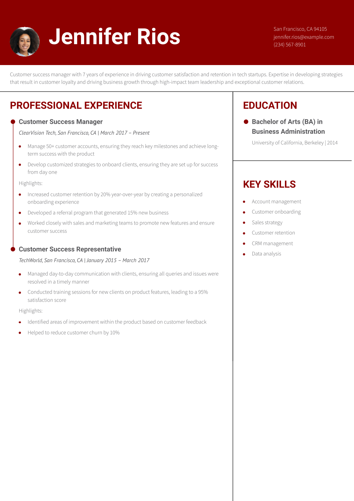 Customer Success Manager Resume Example