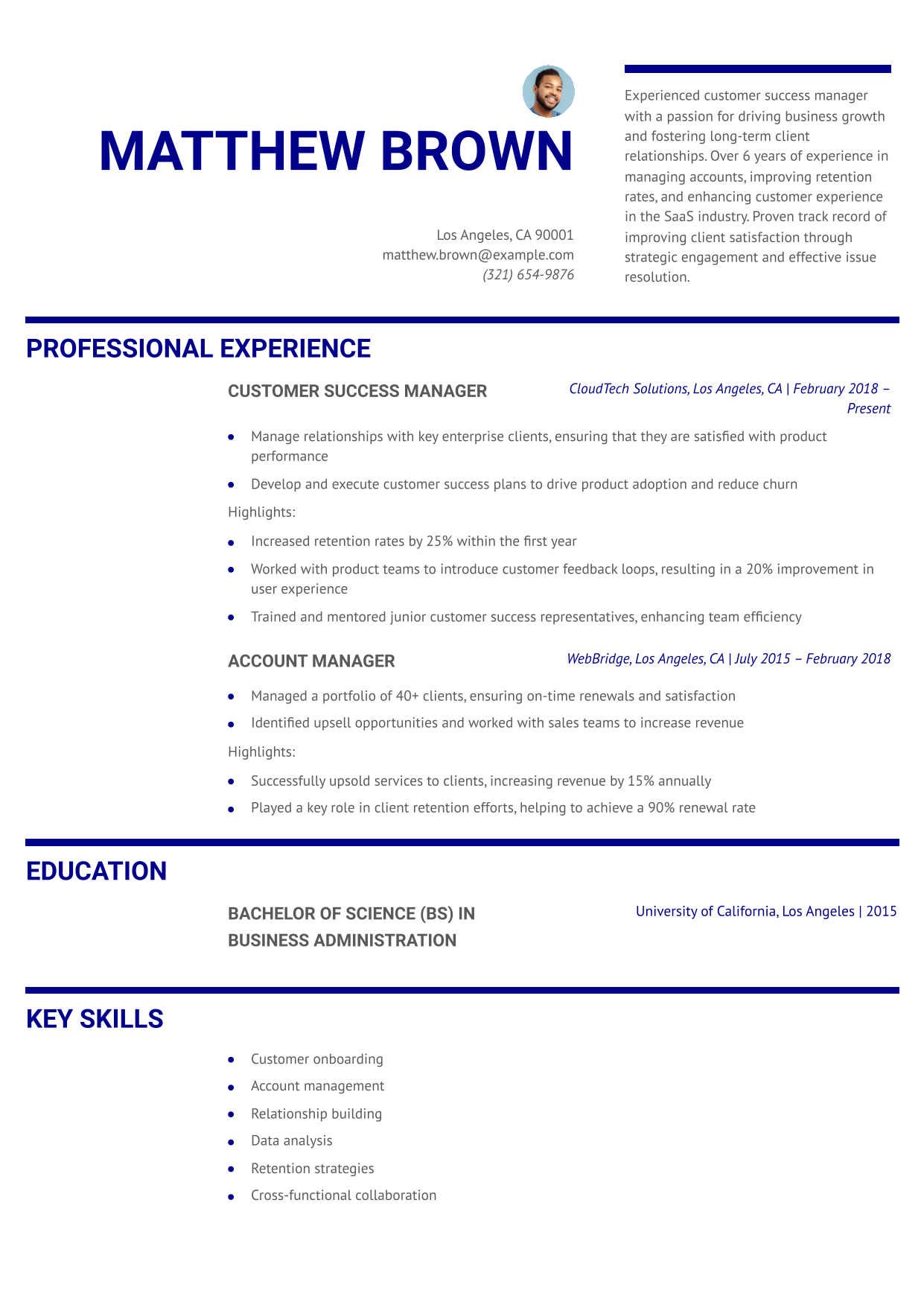 Customer Success Manager Resume Example