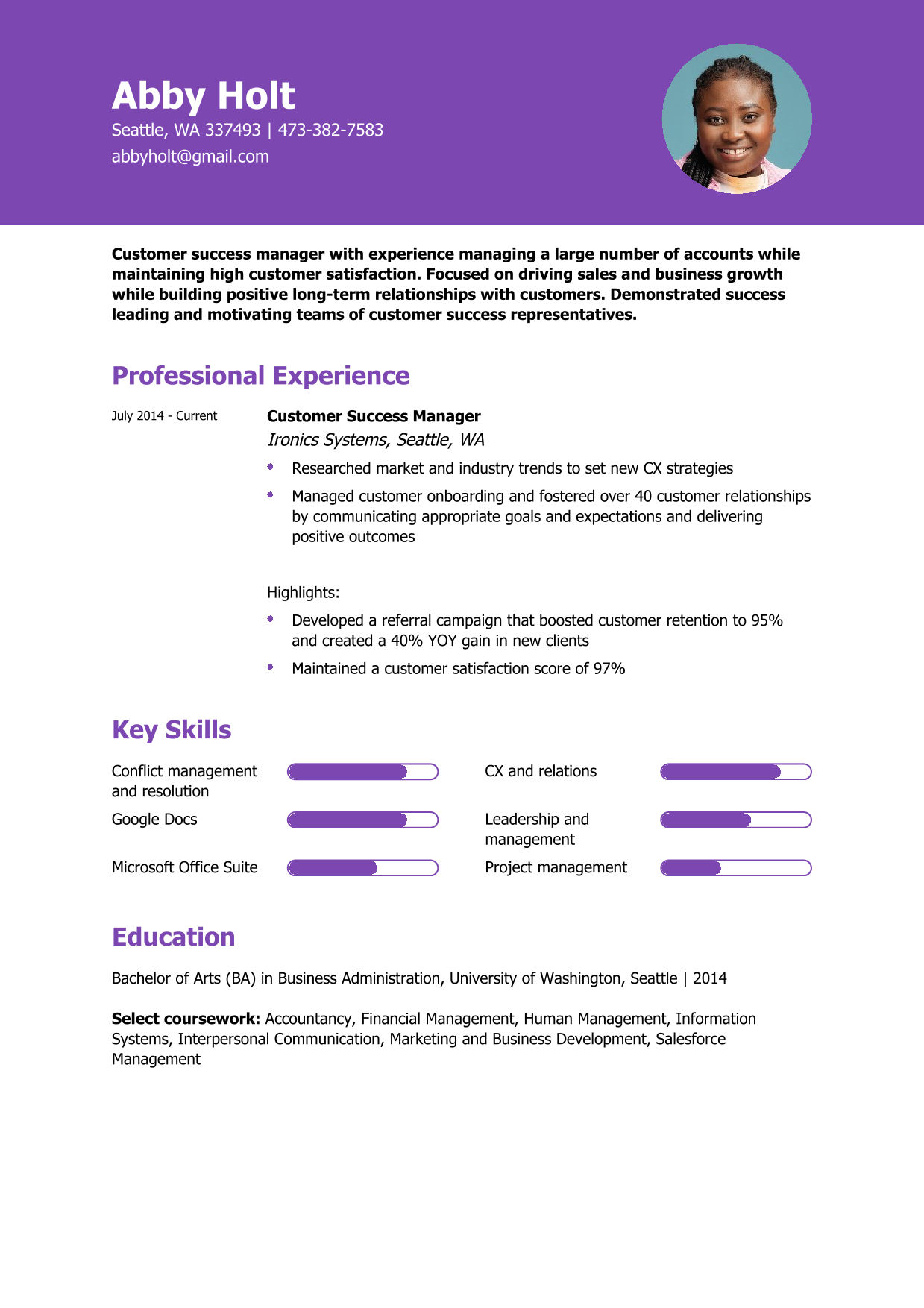 Customer Success Manager Resume Example