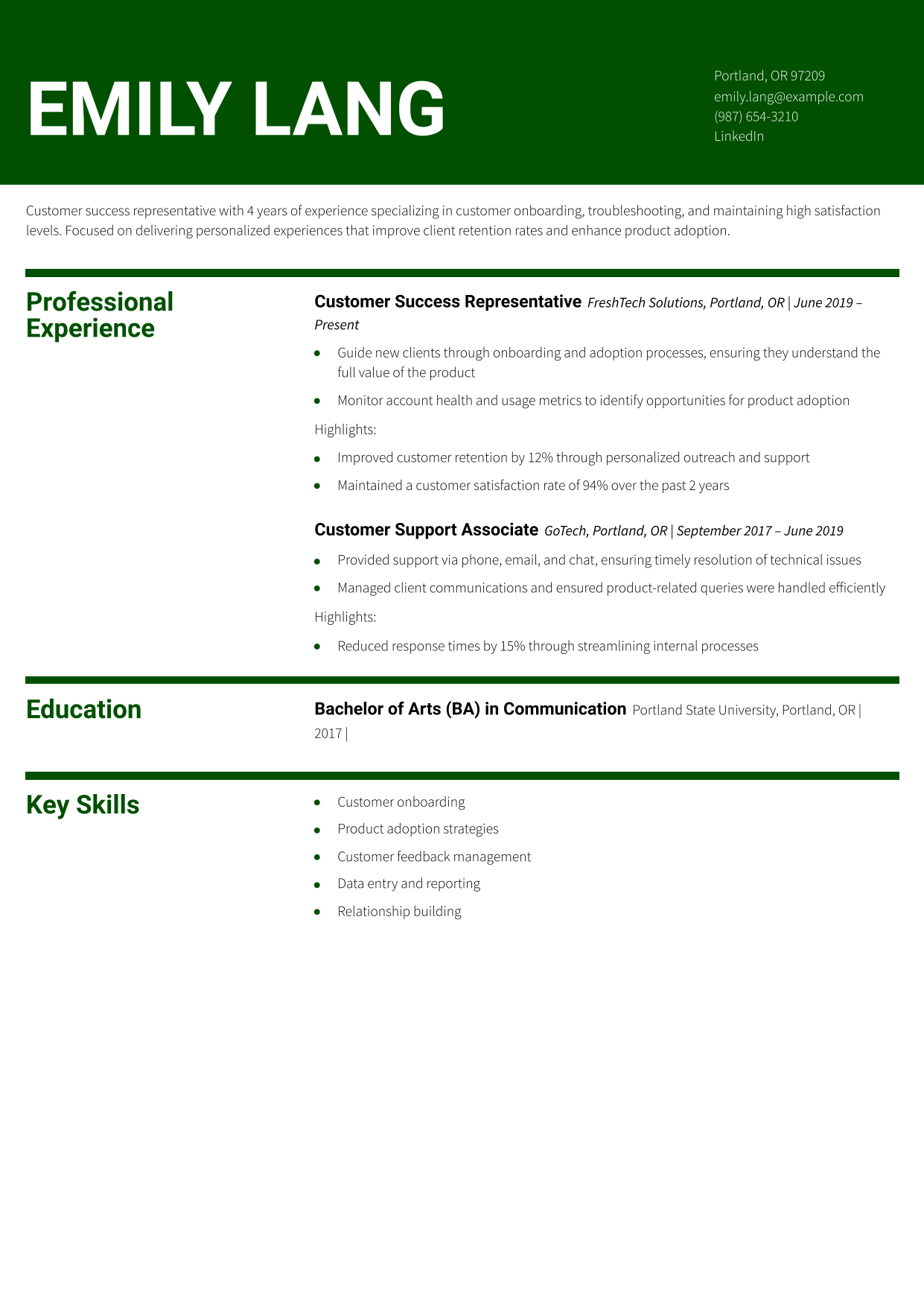Customer Success Representative Resume Example