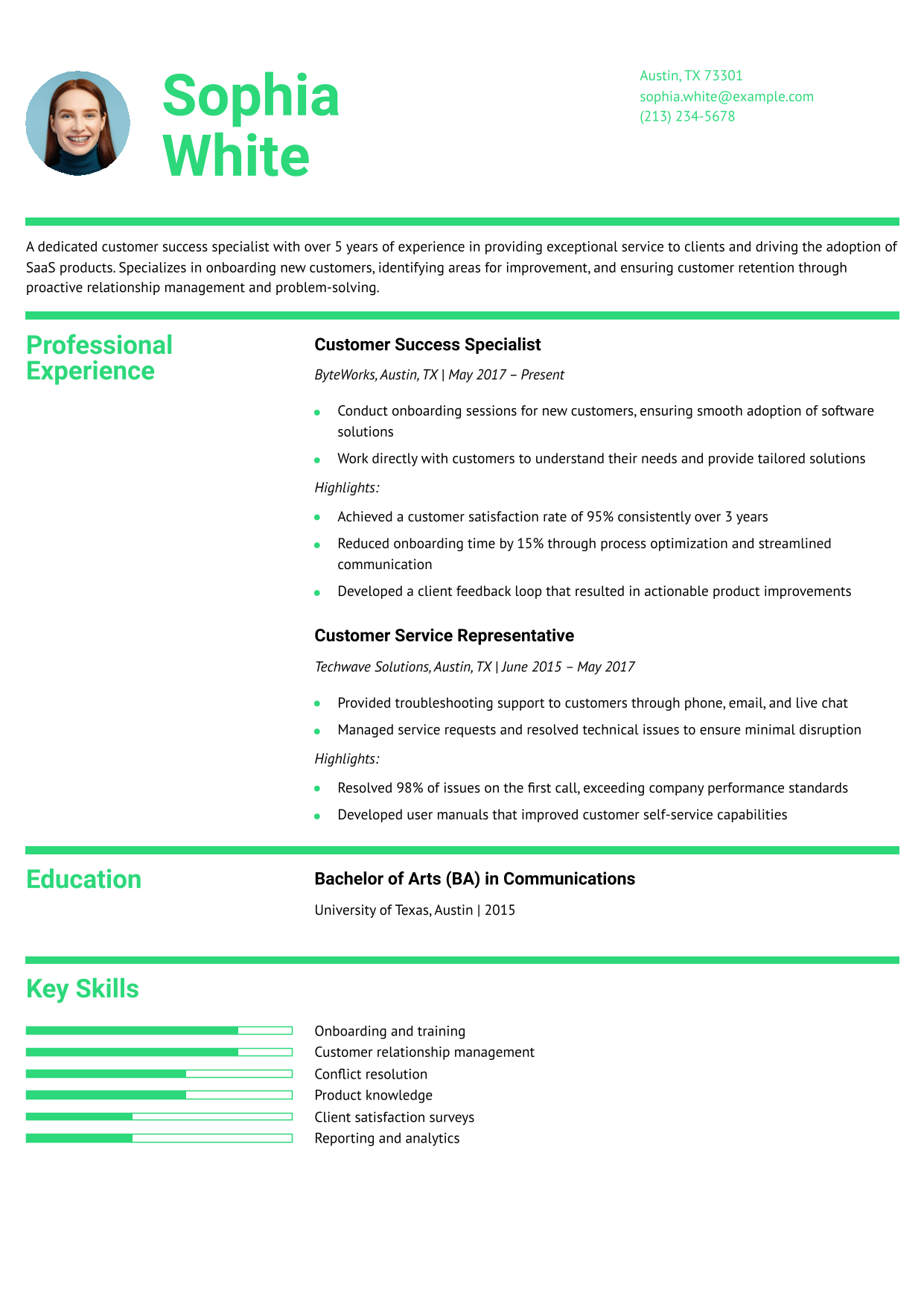 Customer Success Specialist Resume Example