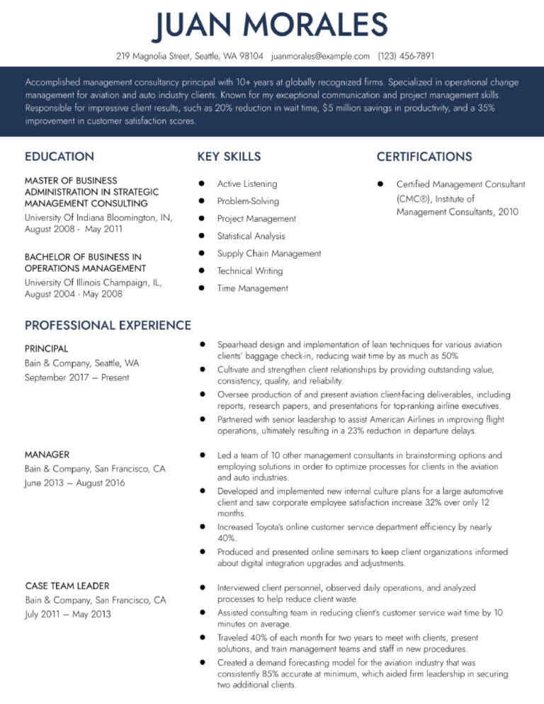 Management Consultant Resume Example