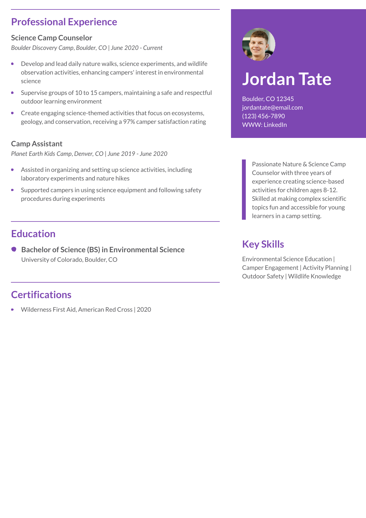 Nature and Science Camp Counselor Resume Example