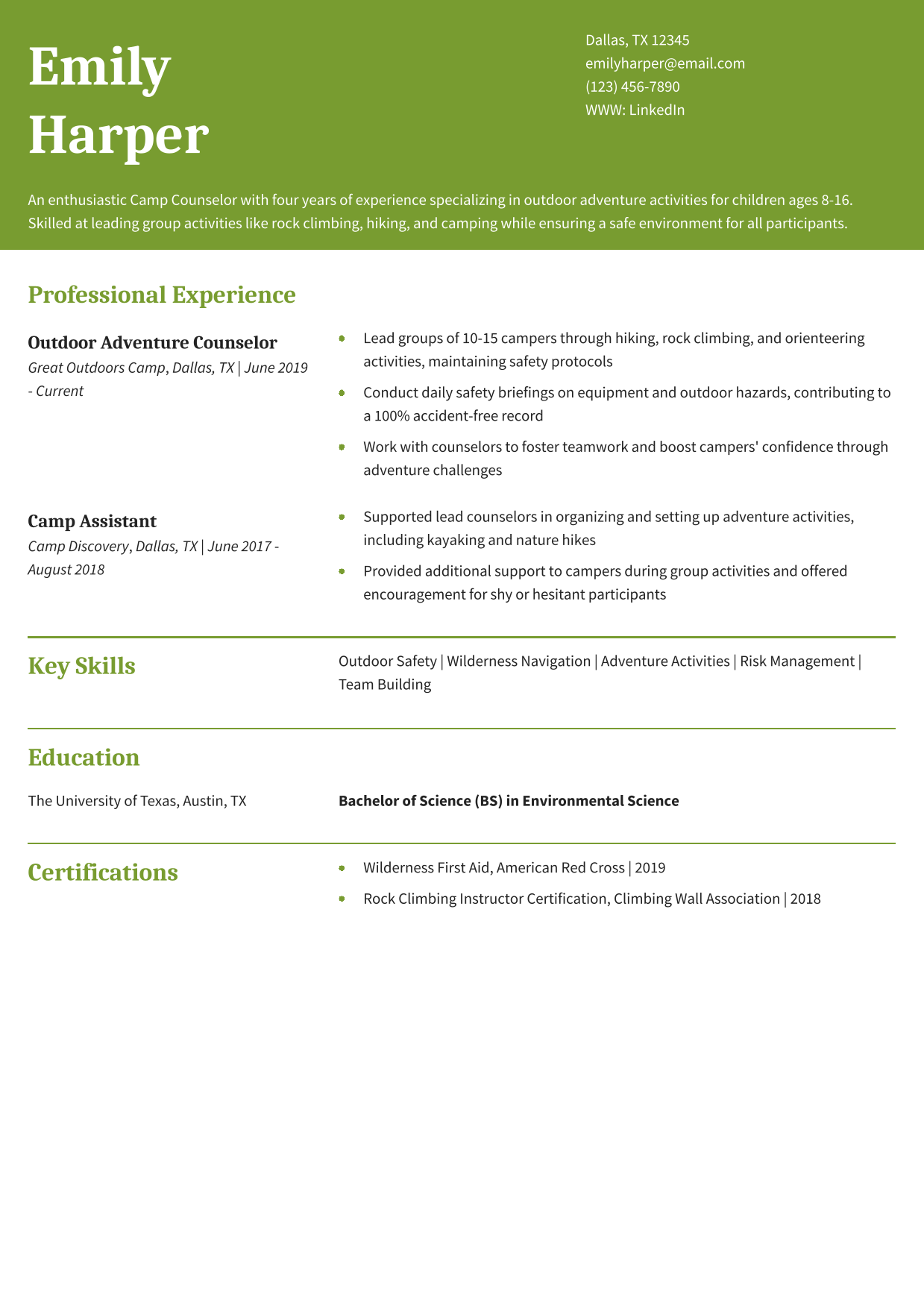 Outdoor Adventure Camp Counselor Resume Example