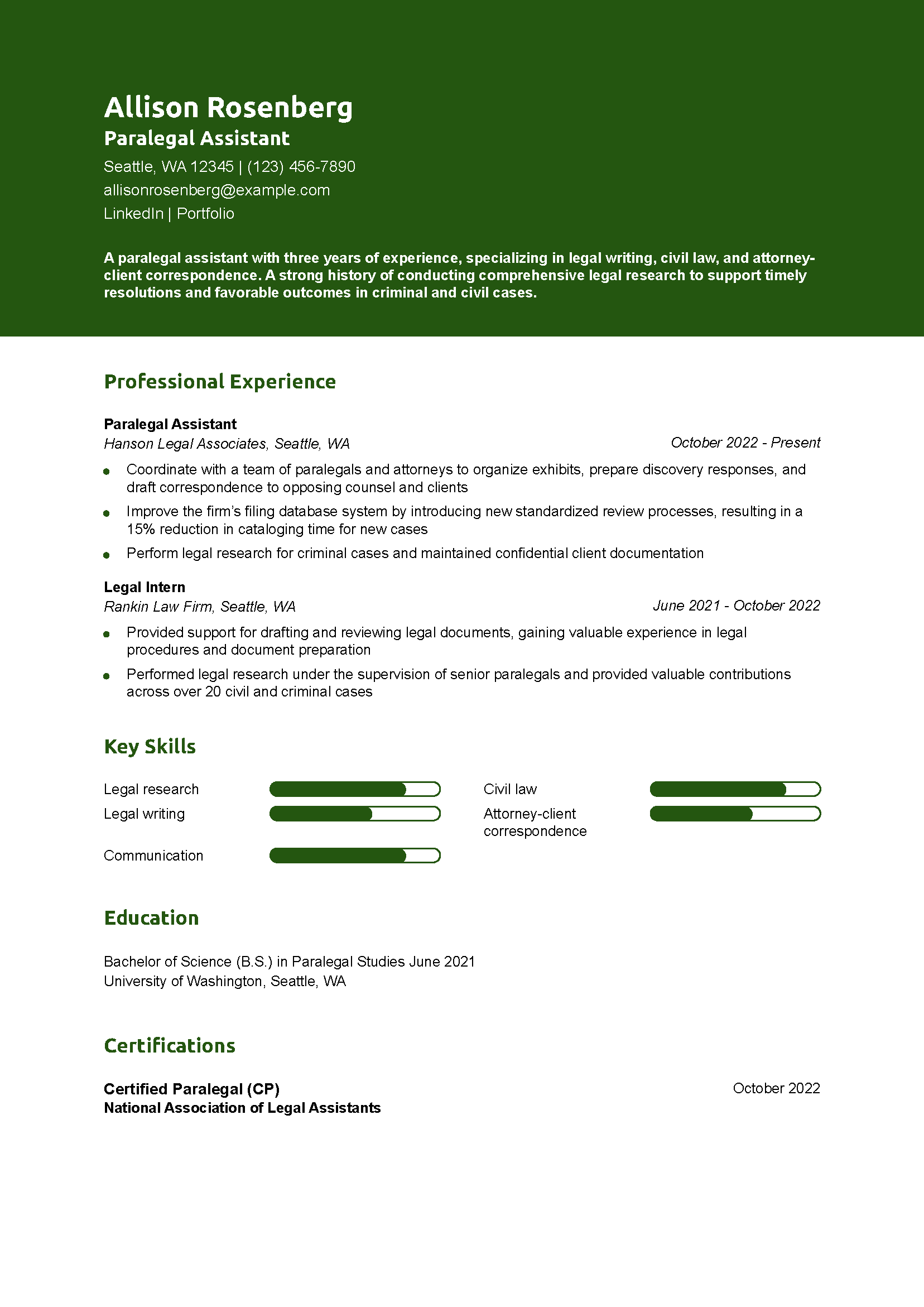 Paralegal Assistant Resume Example