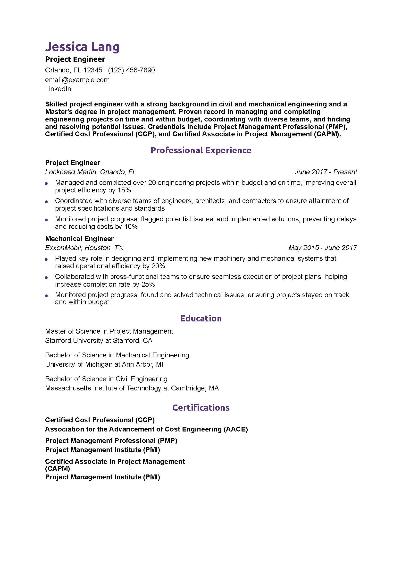 Project Engineer Resume Example