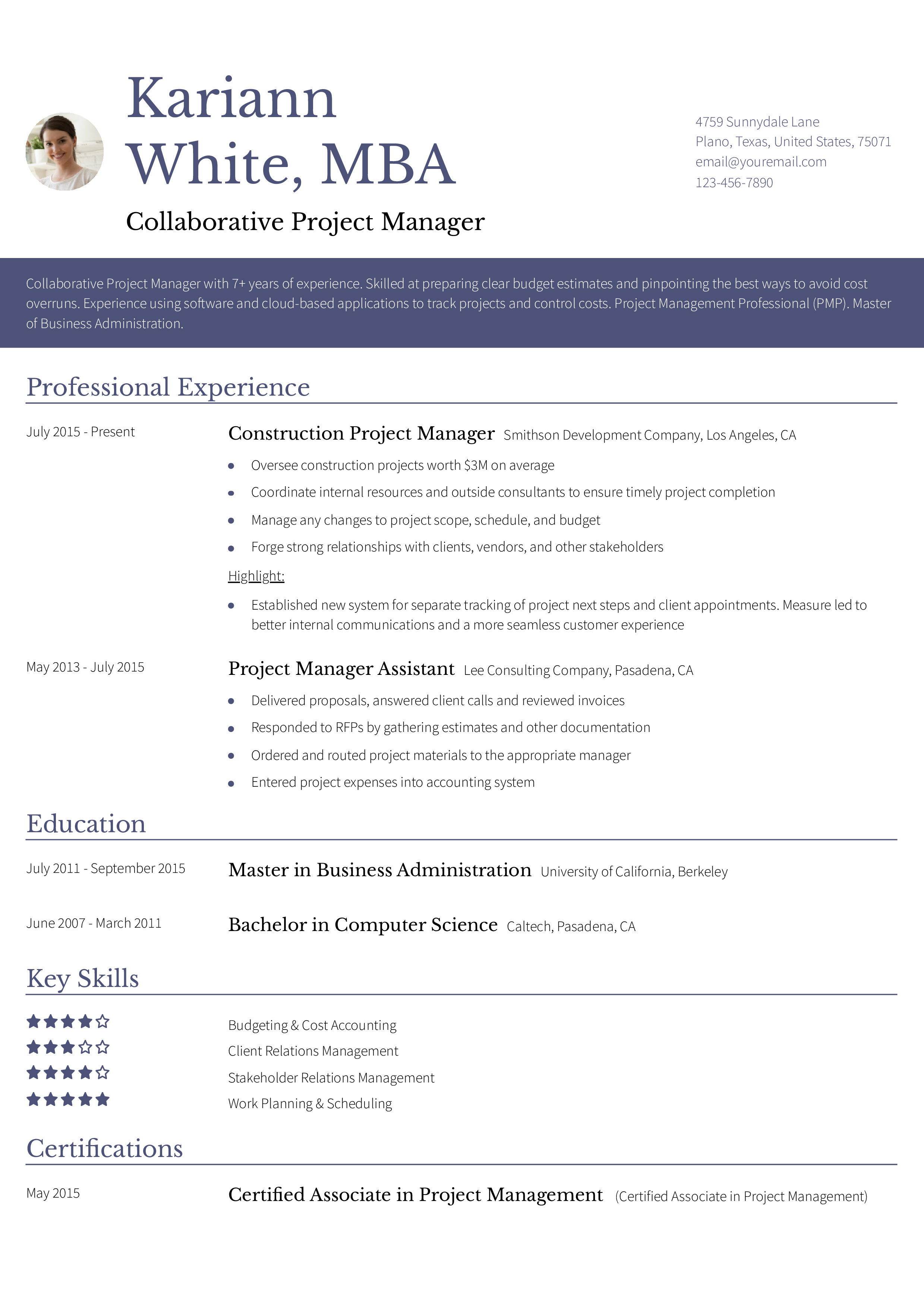 Project Manager Resume Example