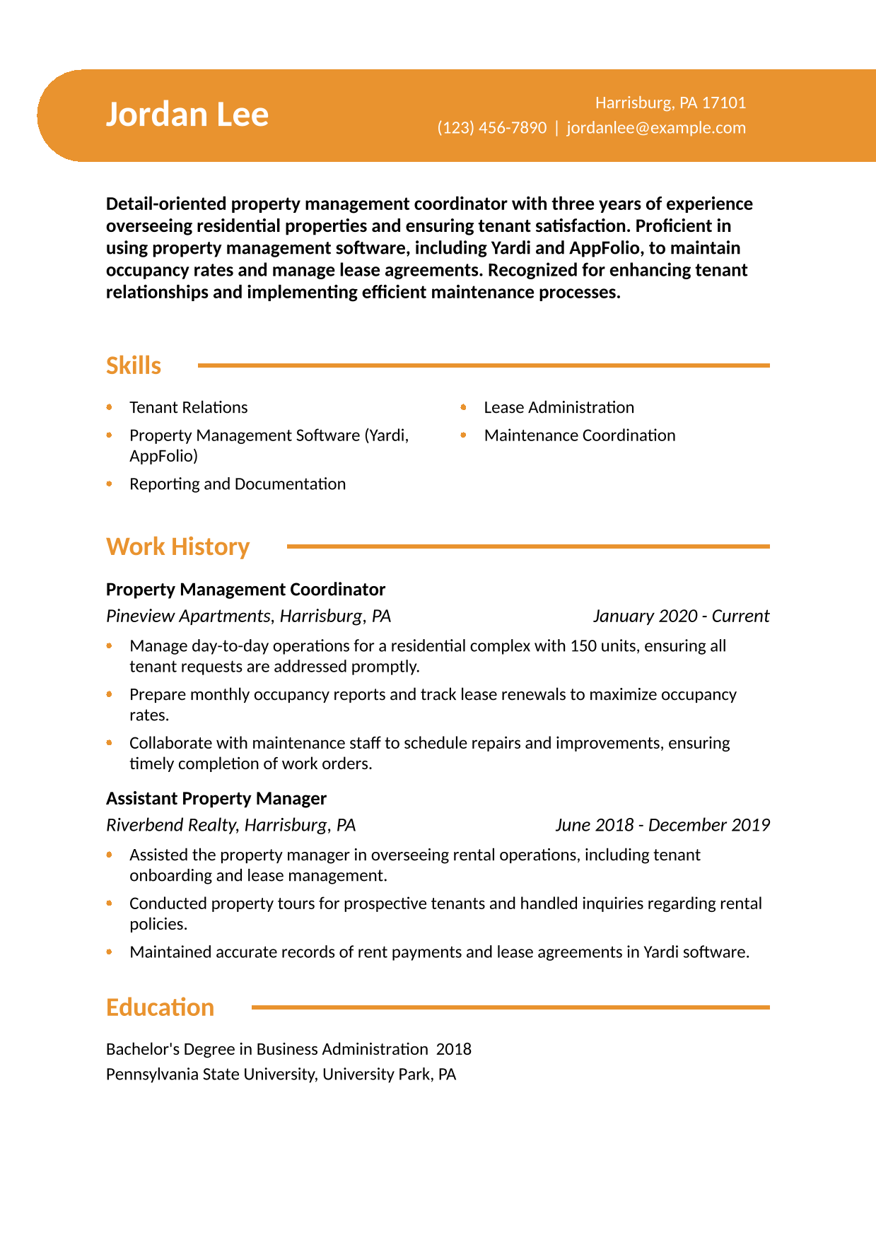 Property Management Coordinator Resume Example