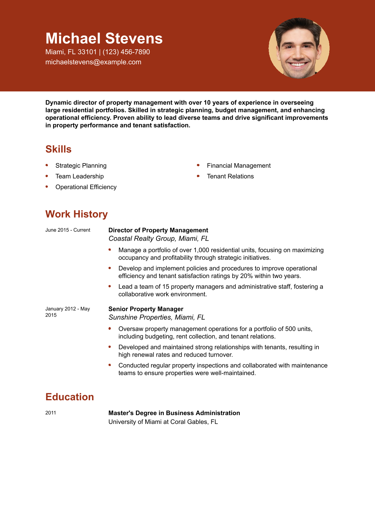 Property Management Director Resume Example